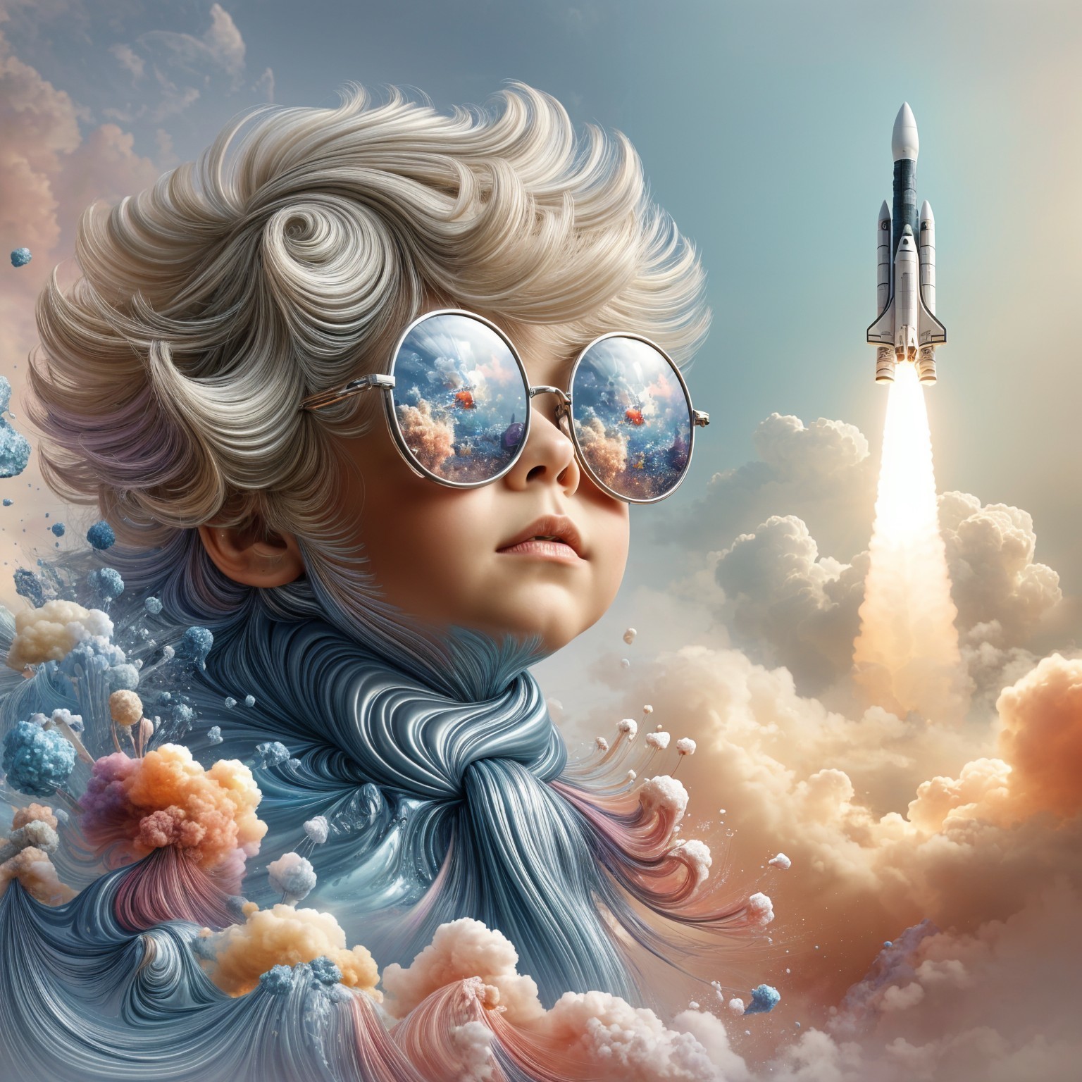 Whimsical Child with Colorful Clouds and Rocket Scene