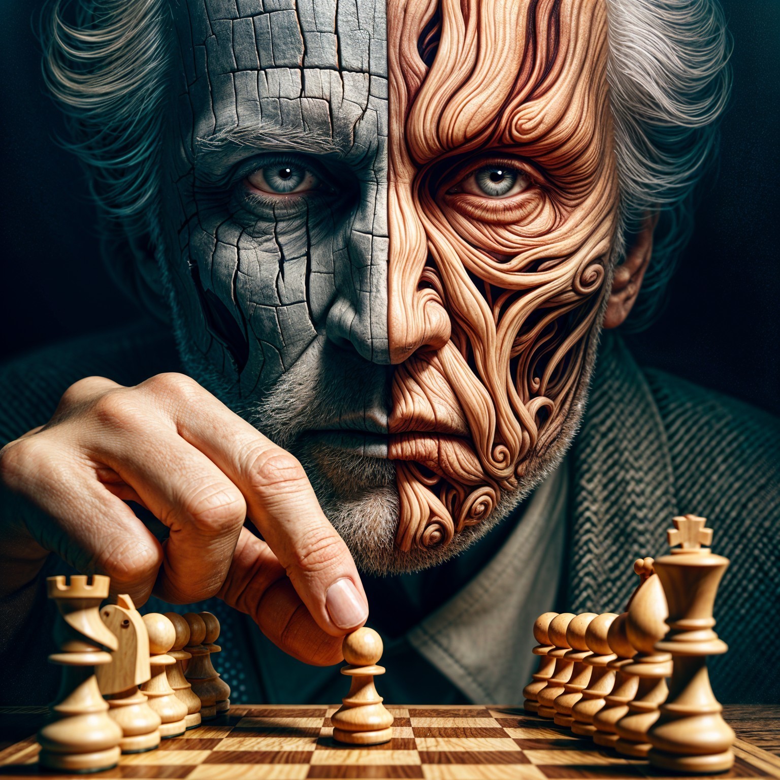Divided Face Symbolizing Nature and Artifice Conflict