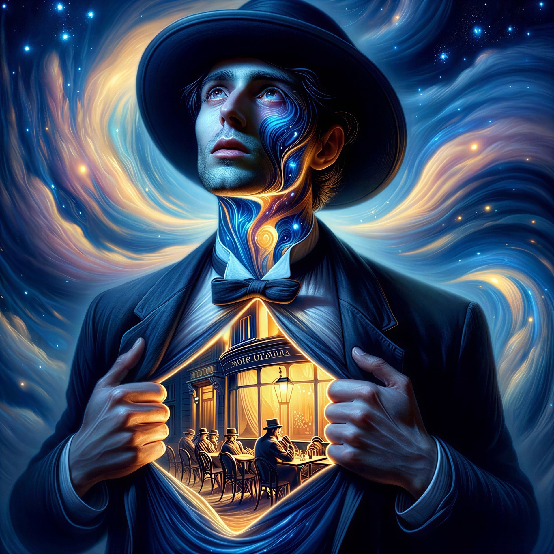 Young man in fedora with cosmic background and cafe scene