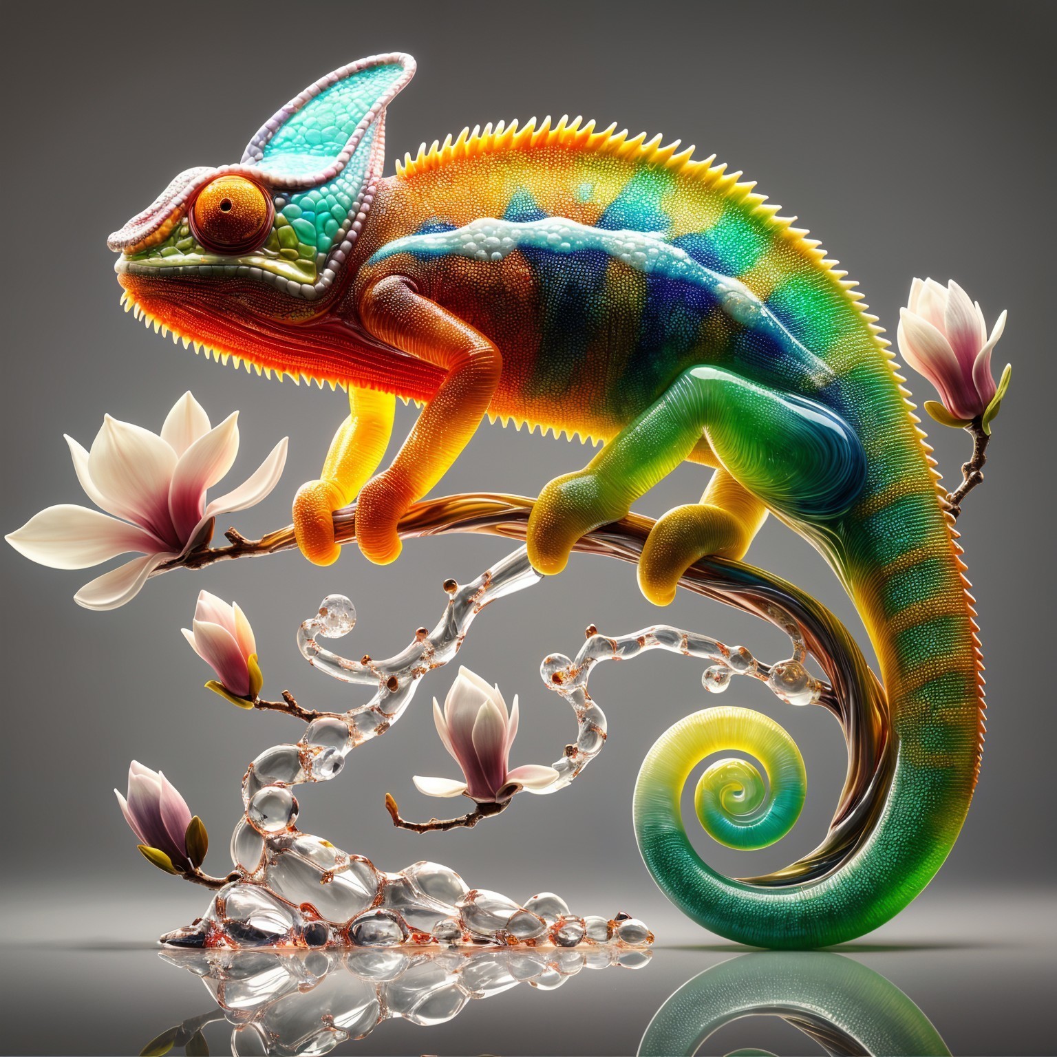 Vivid Chameleon on Branch with Colorful Blossoms