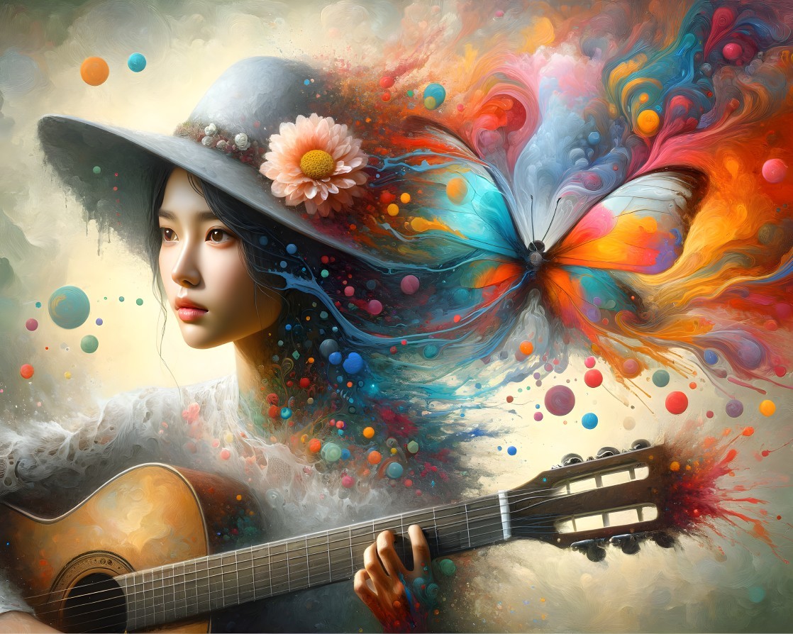 Young Woman with Guitar and Colorful Abstract Elements