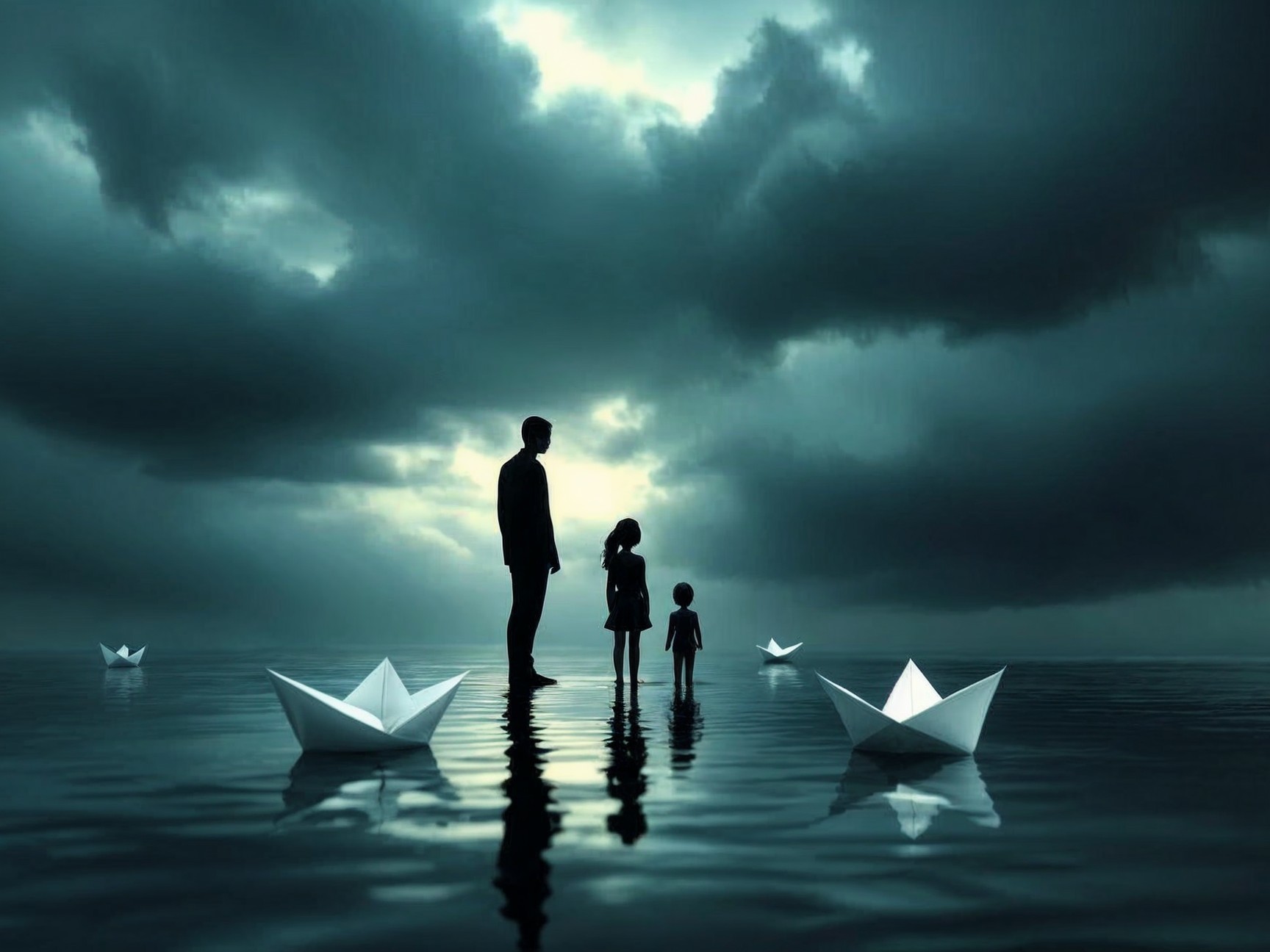 Silhouettes in Reflective Waters Under Dark Clouds