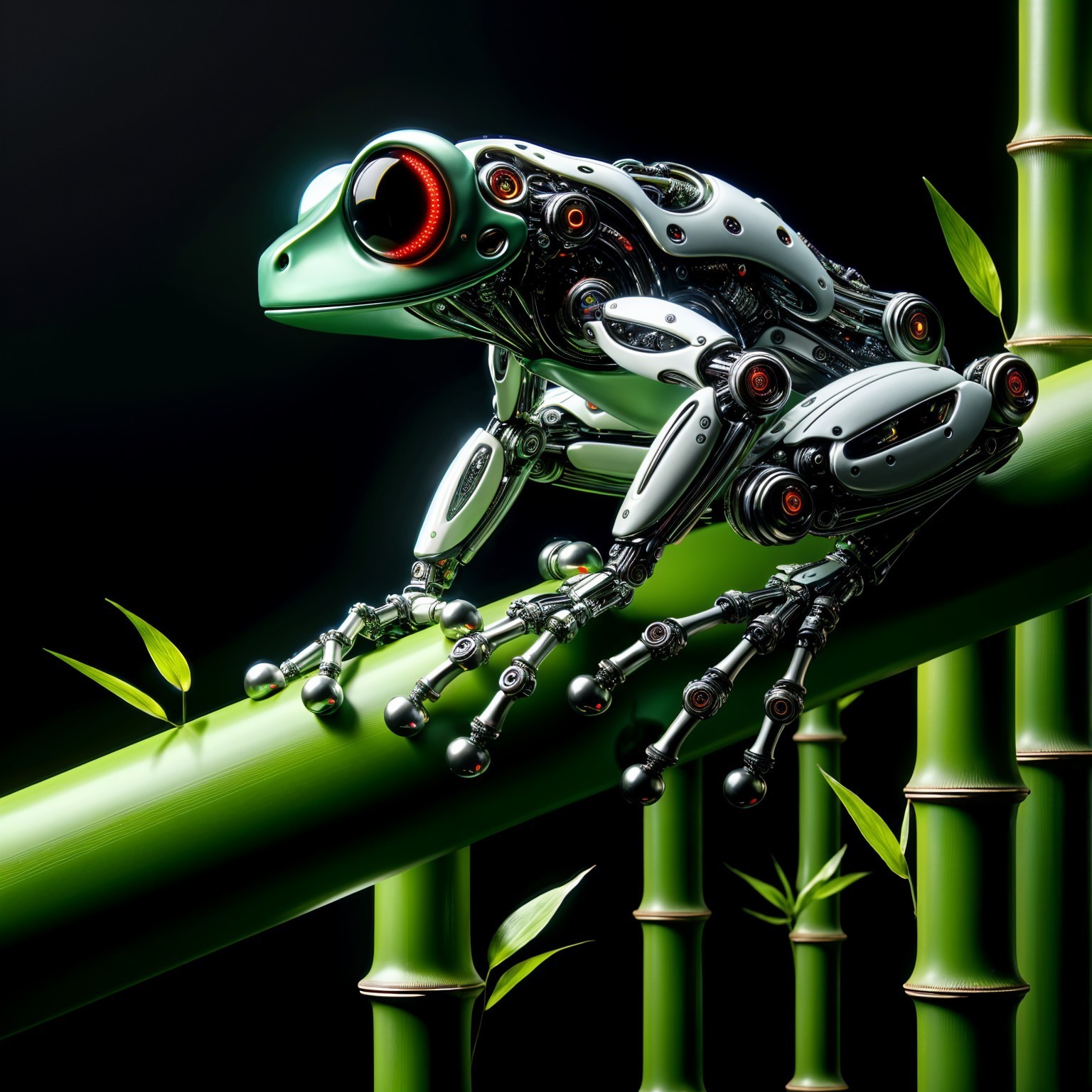 Futuristic Robotic Frog on Bamboo Stalk in Dark Setting
