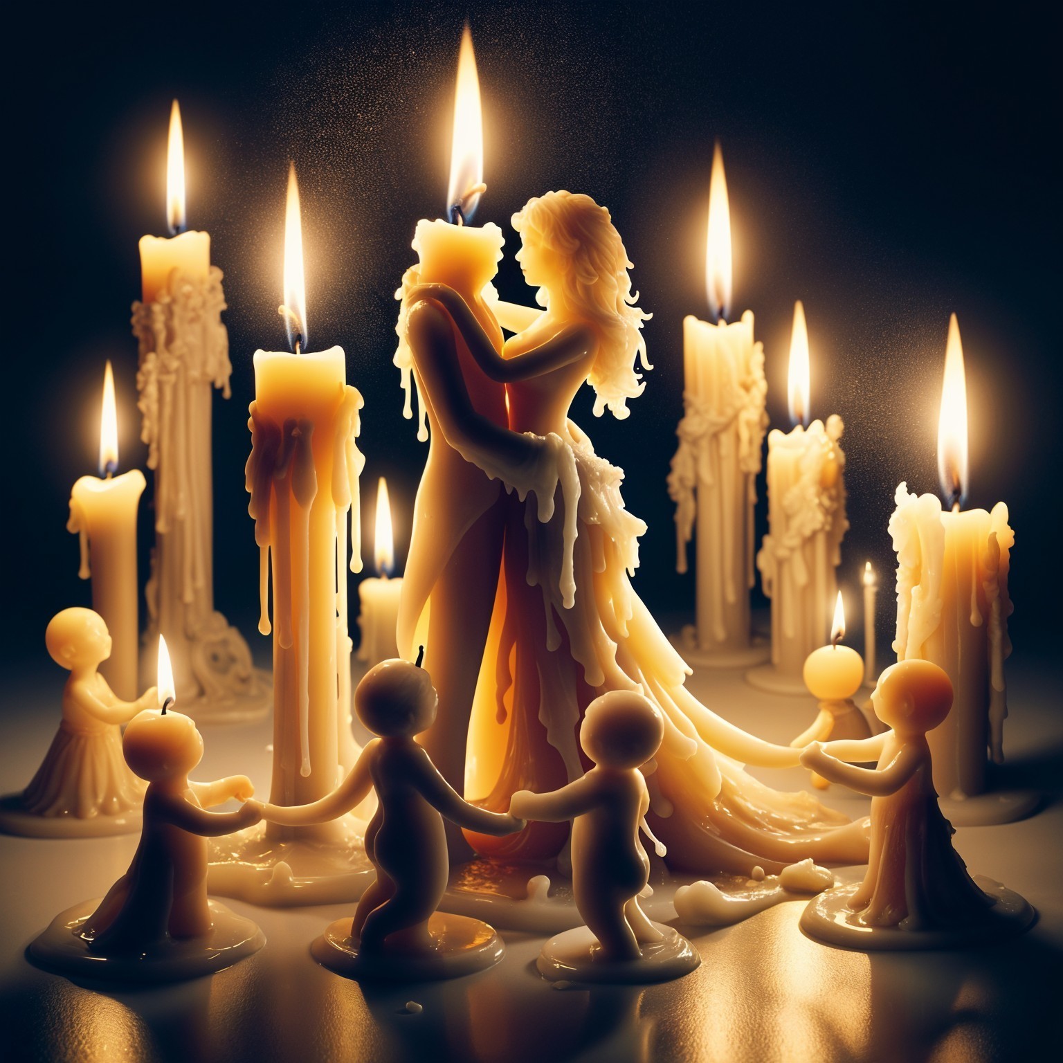 Couple Embrace in Candle Wax with Whimsical Figures