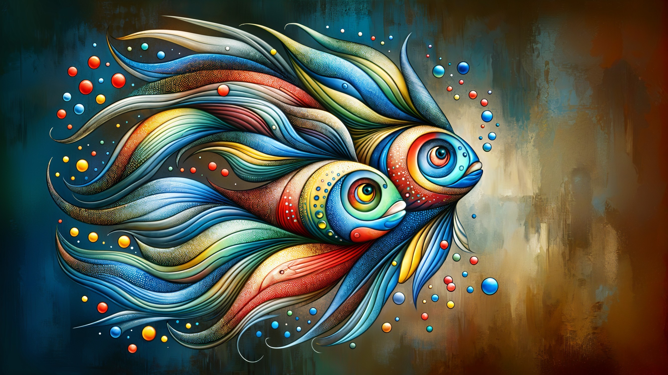 Vibrant Stylized Fish with Colorful Bubbles and Background