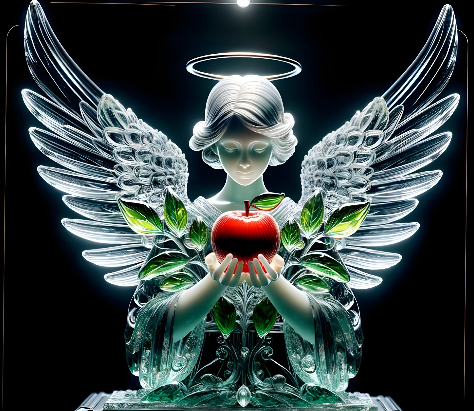 Translucent angel with glass wings and red apple