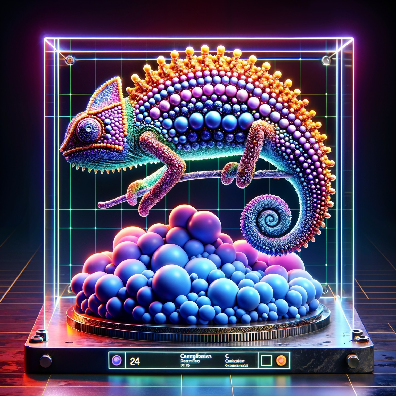 Digital Chameleon Sculpture on Abstract Sphere Cluster