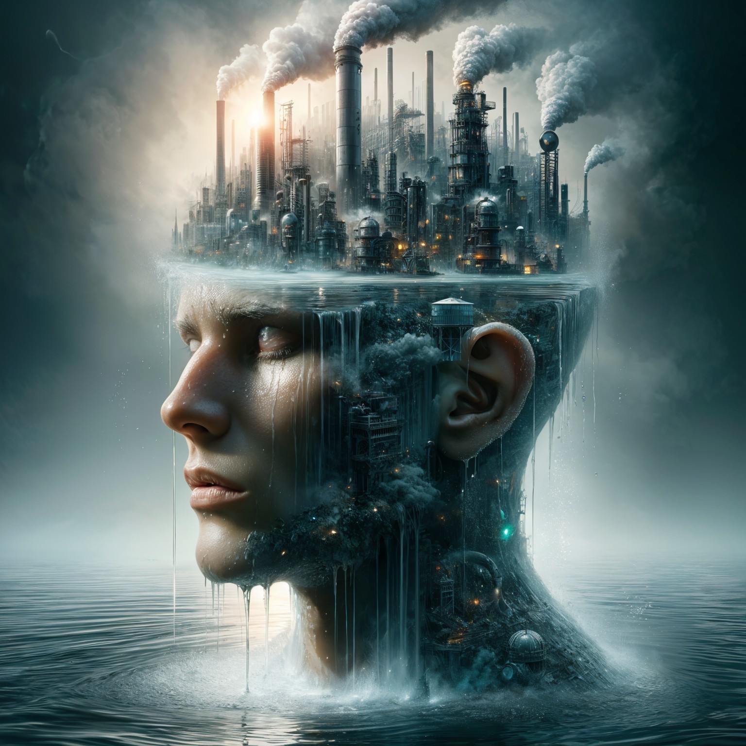 Surreal Human Head Transformed into Cityscape Scene
