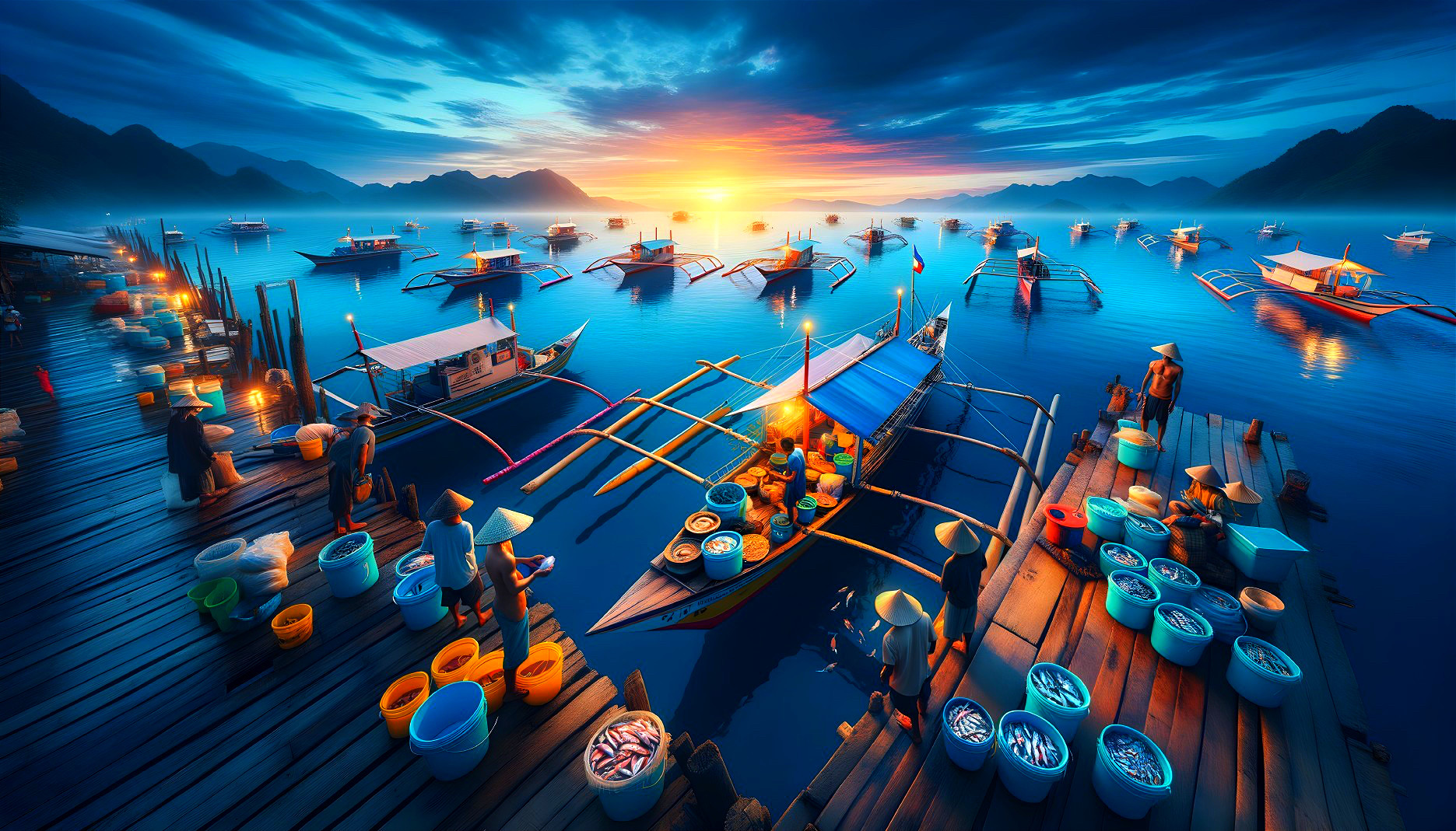 Dawn at a Fishing Harbor with Colorful Boats and Fish