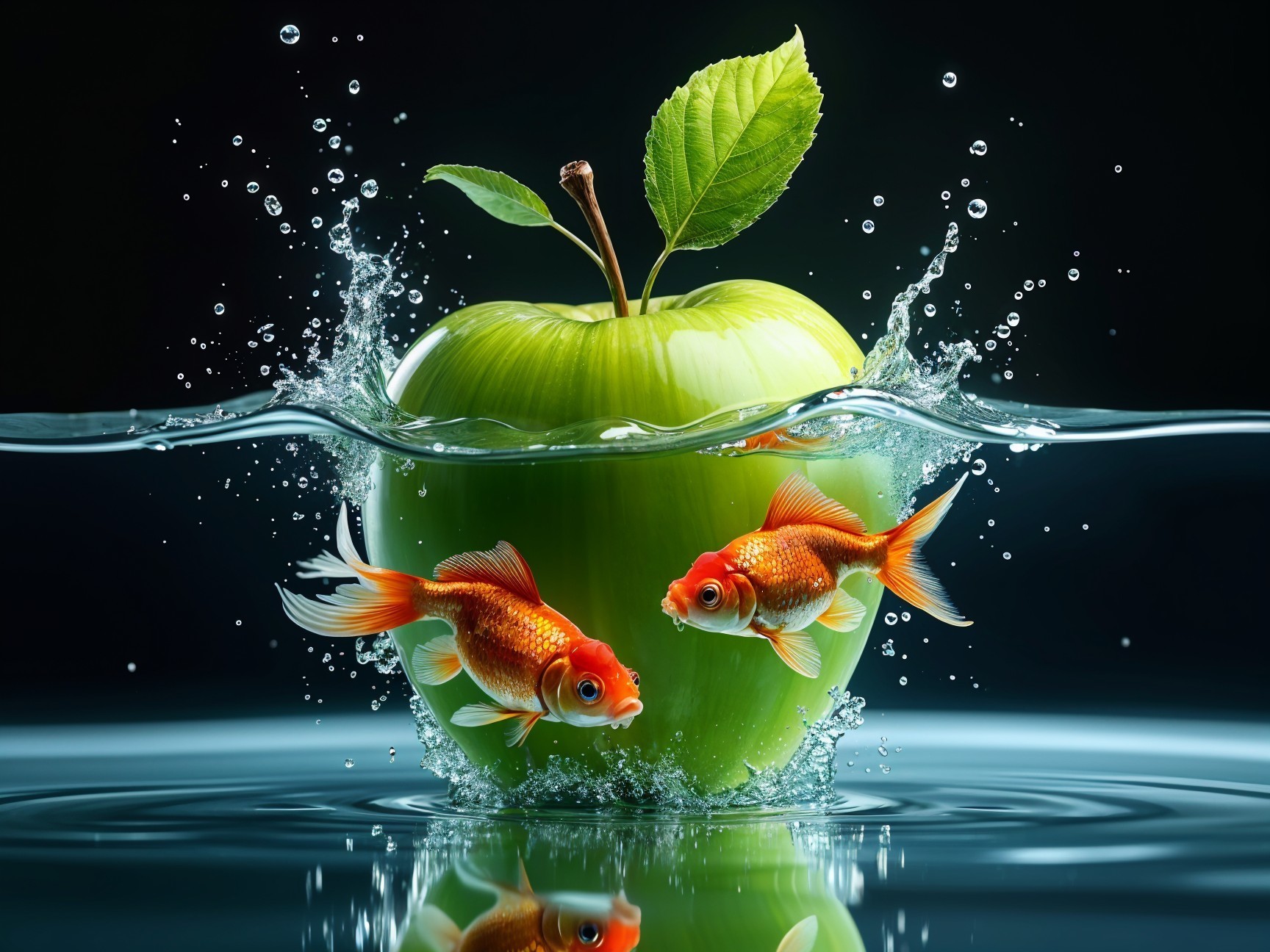 Green Apple and Goldfish in Clear Water Scene