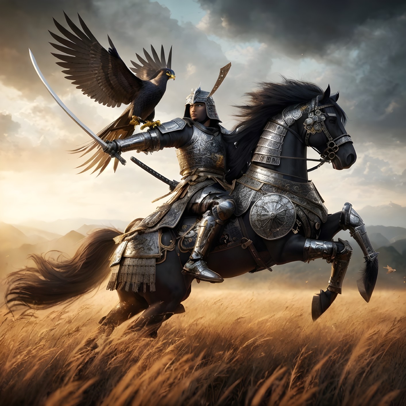 Knight in Silver Armor Riding Black Horse at Sunset