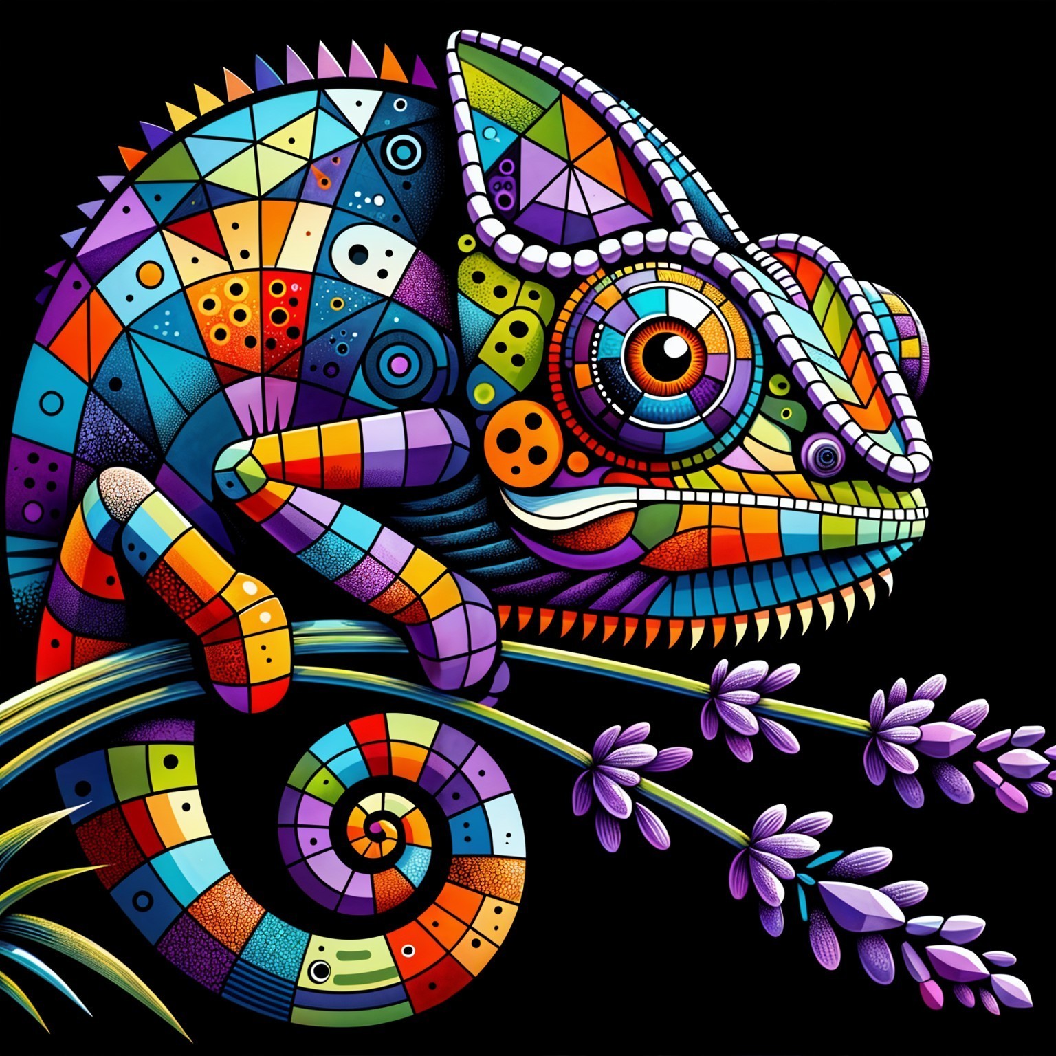 Abstract Chameleon on Lavender Branch with Colors