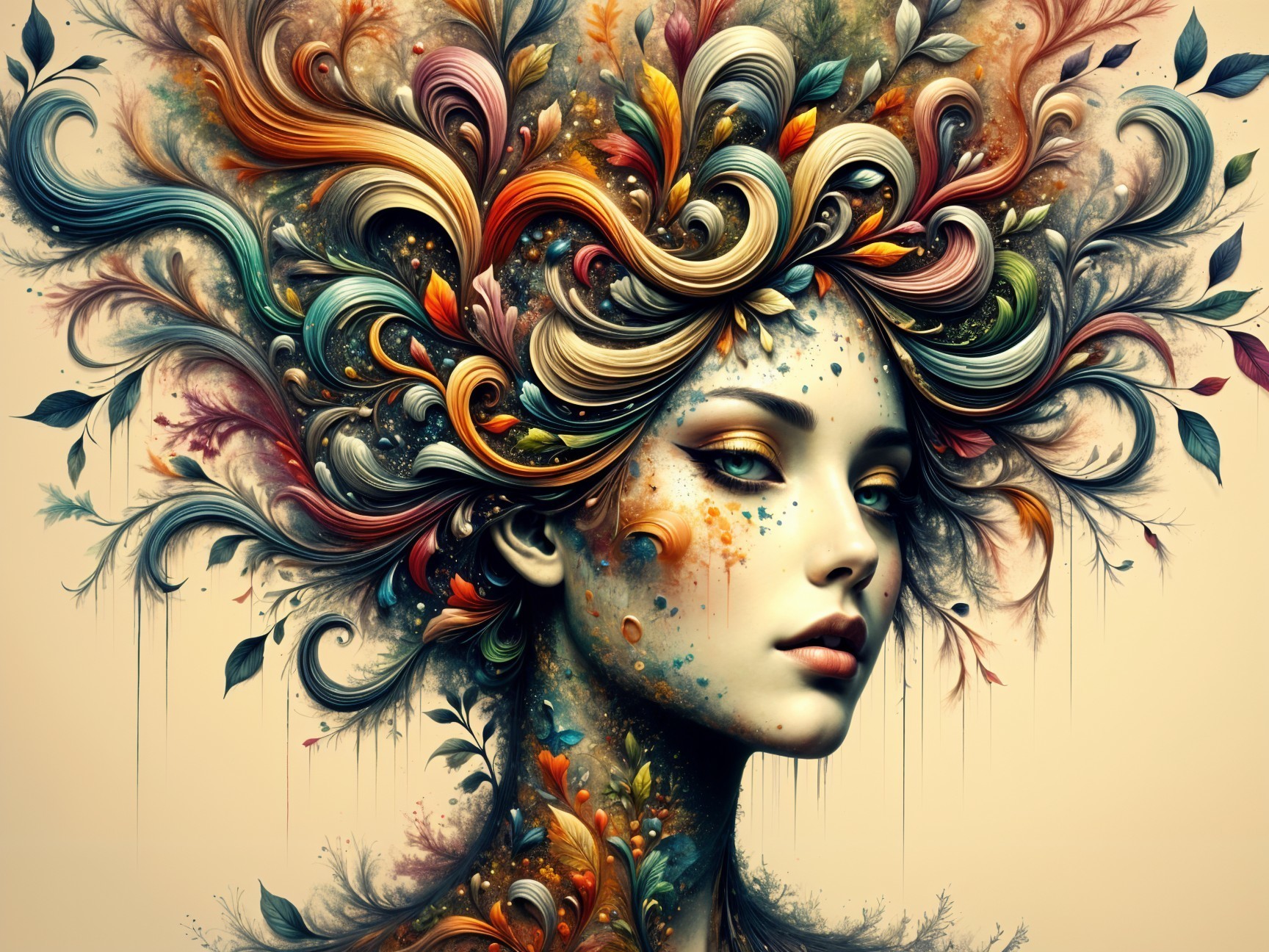 Female figure with vibrant hair and natural motifs