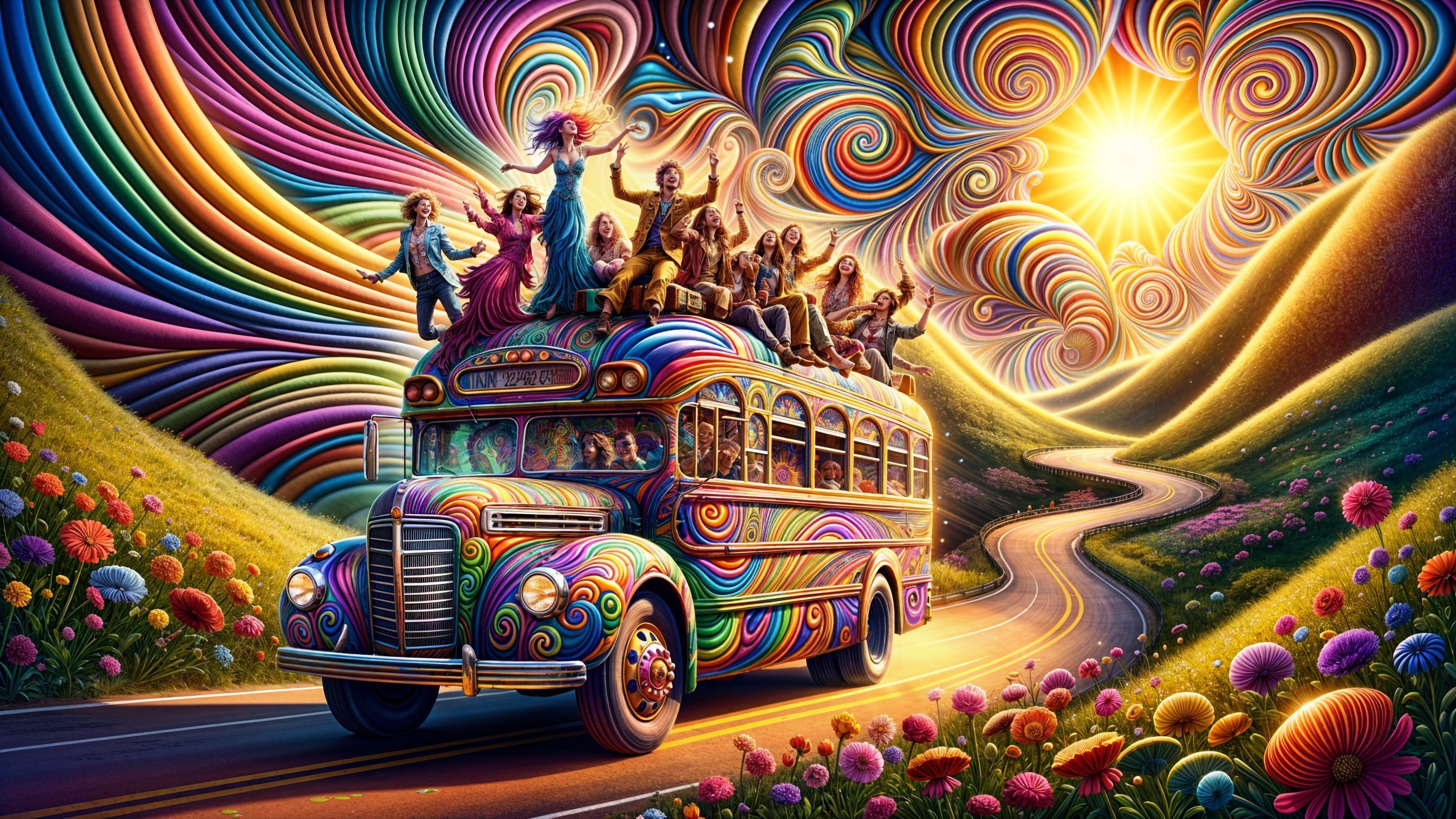 Psychedelic Bus Journey Through Colorful Landscape