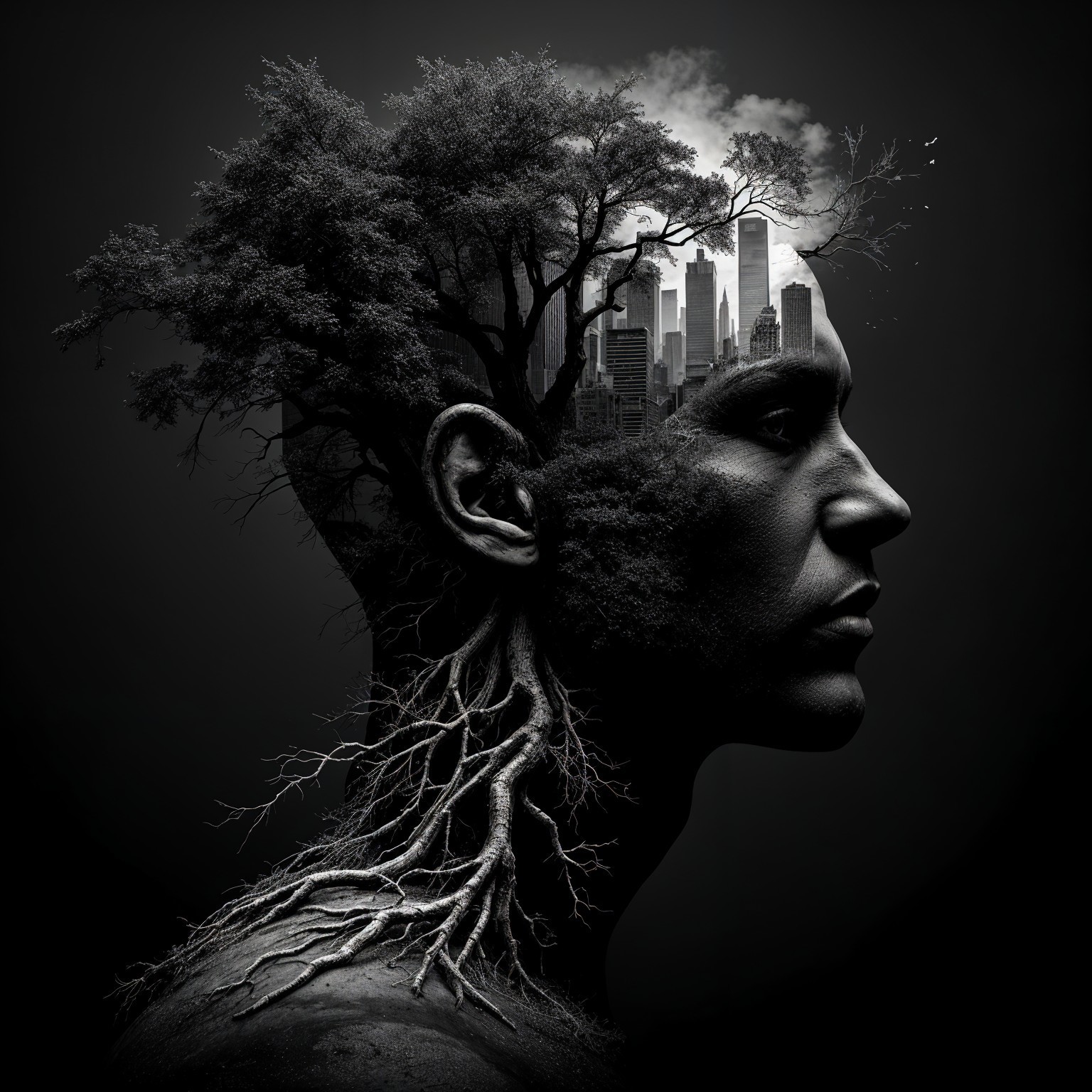 Silhouette of a Head Blended with Nature and Urban Life