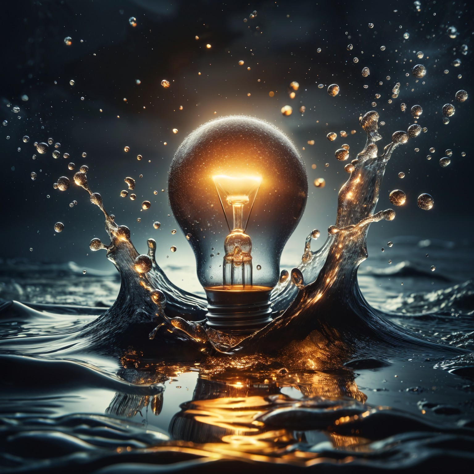 Light Bulb Surrounded by Water and Splashes
