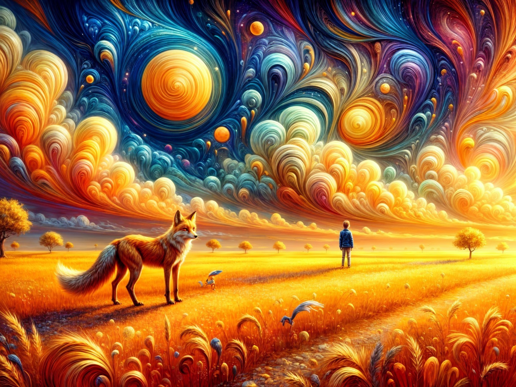 Surreal Landscape with Vibrant Hues and Planets