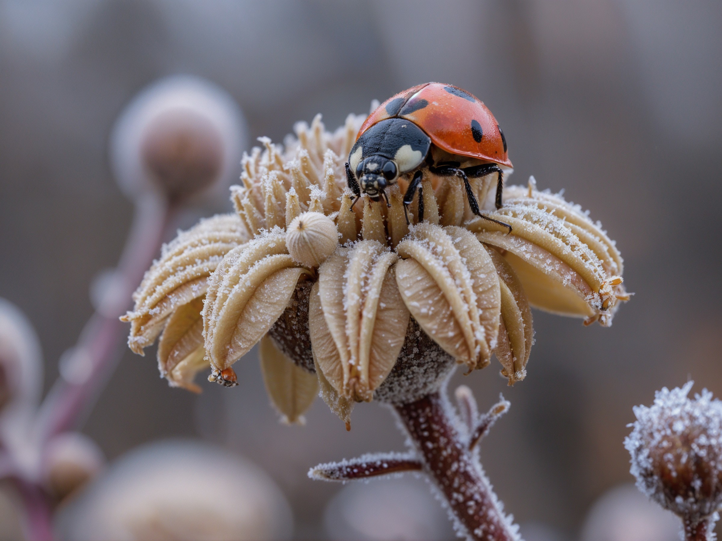 Ladybug on Frosted Flower Bud in Winter Scene