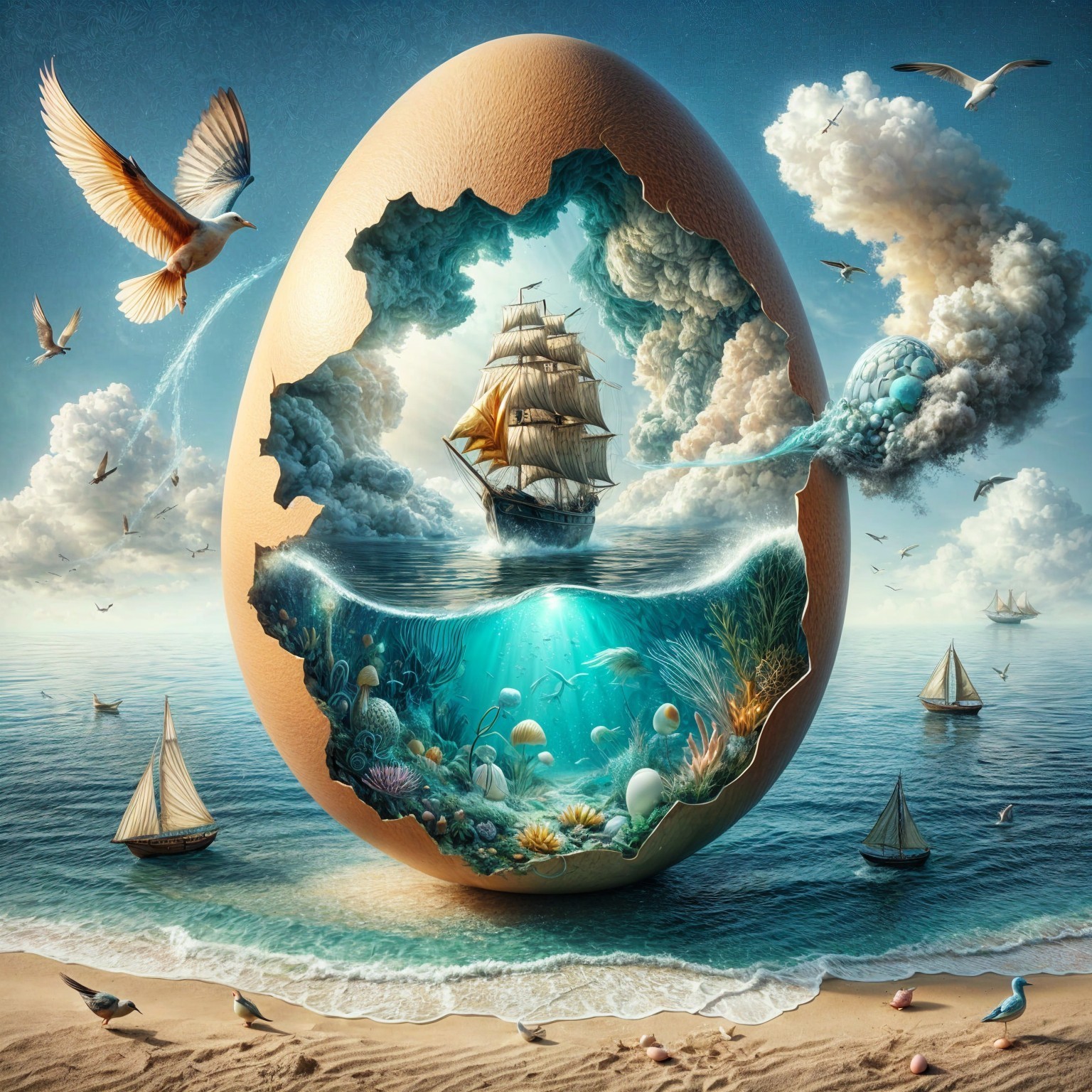 Intricate Egg Shell with Marine Scene on Beach