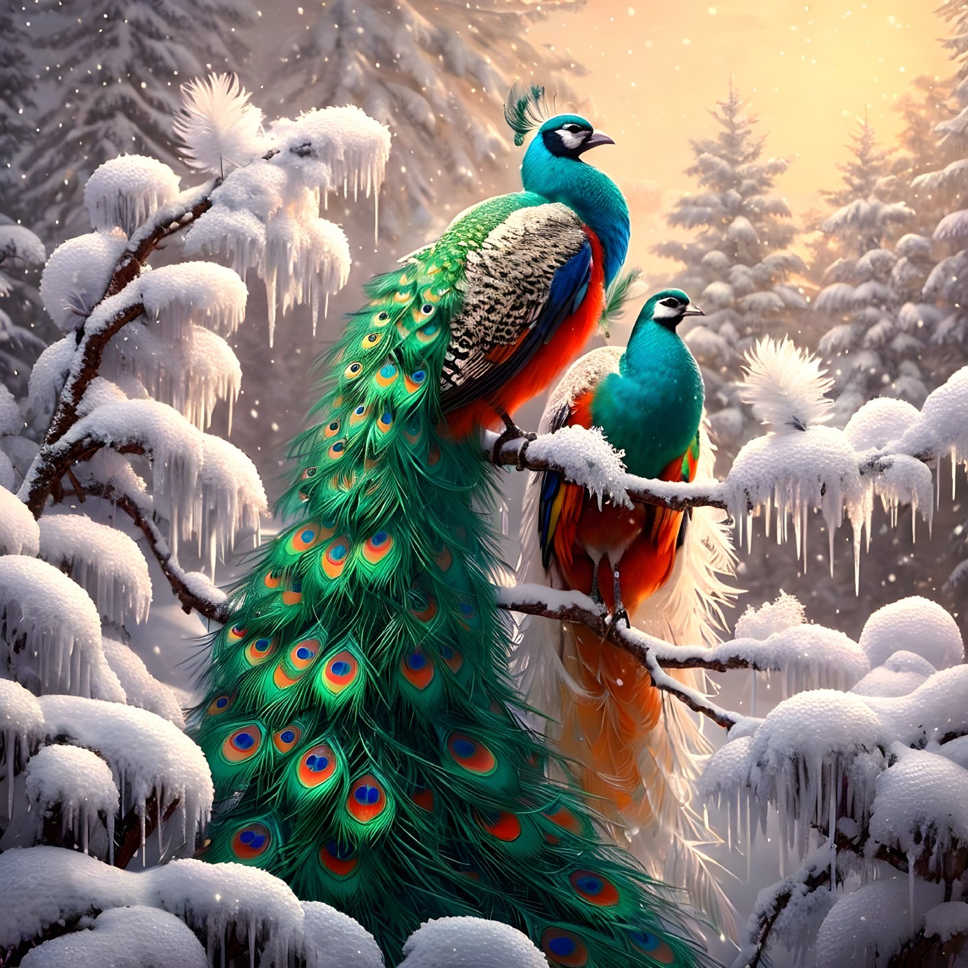 Peacocks on Snowy Branch in Winter Forest Scene