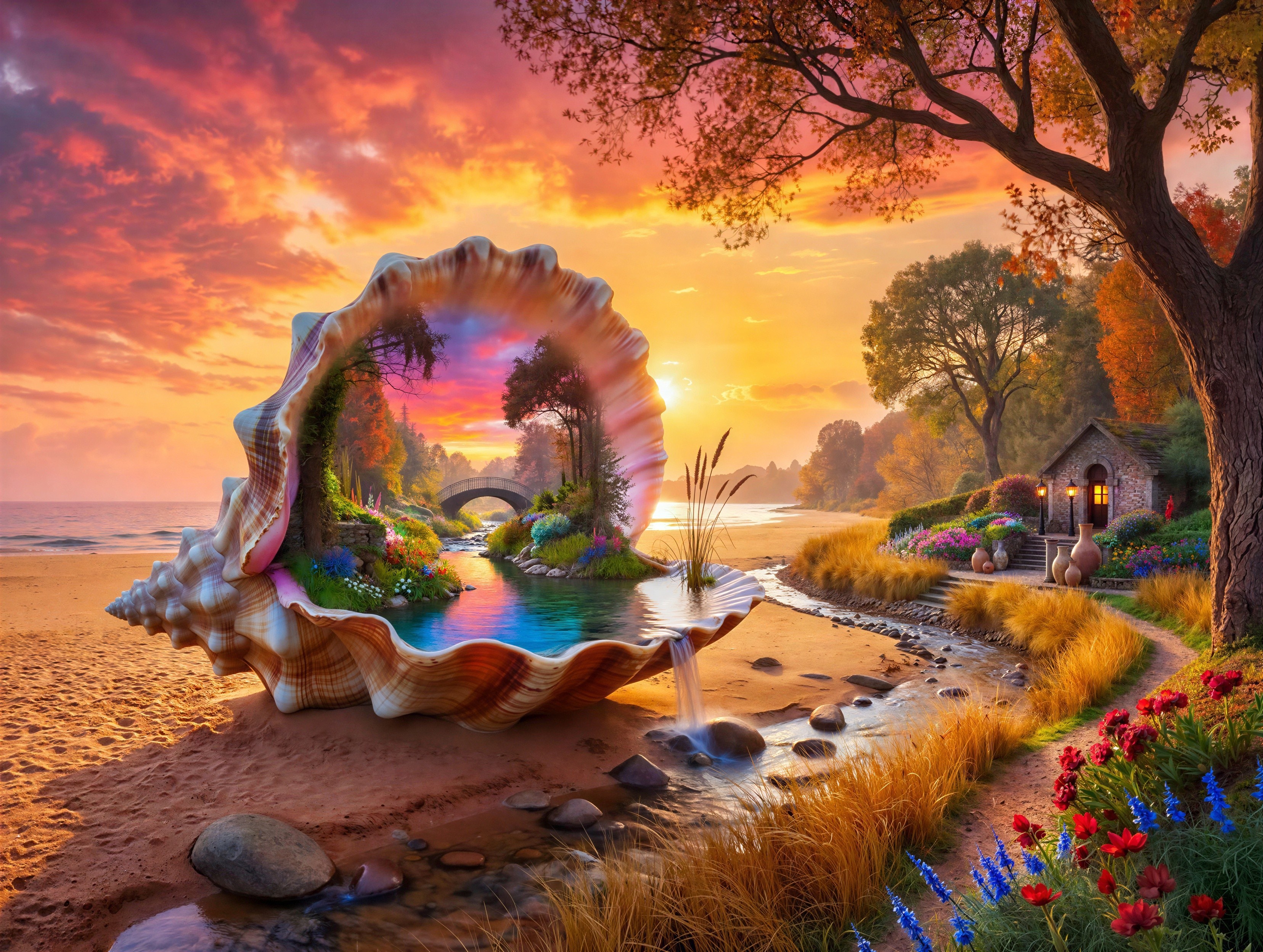 Giant Seashell Landscape at Sunset with Miniature World