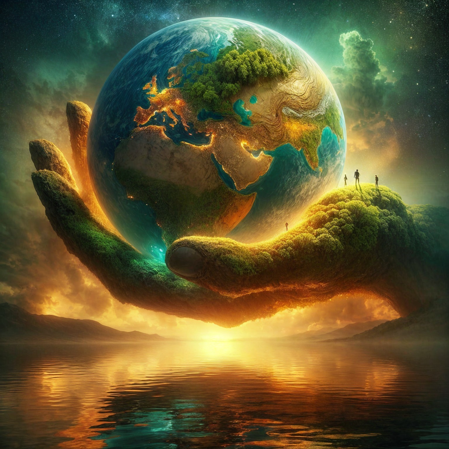 Giant Hand Cradles Earth Over Serene Lake at Sunset