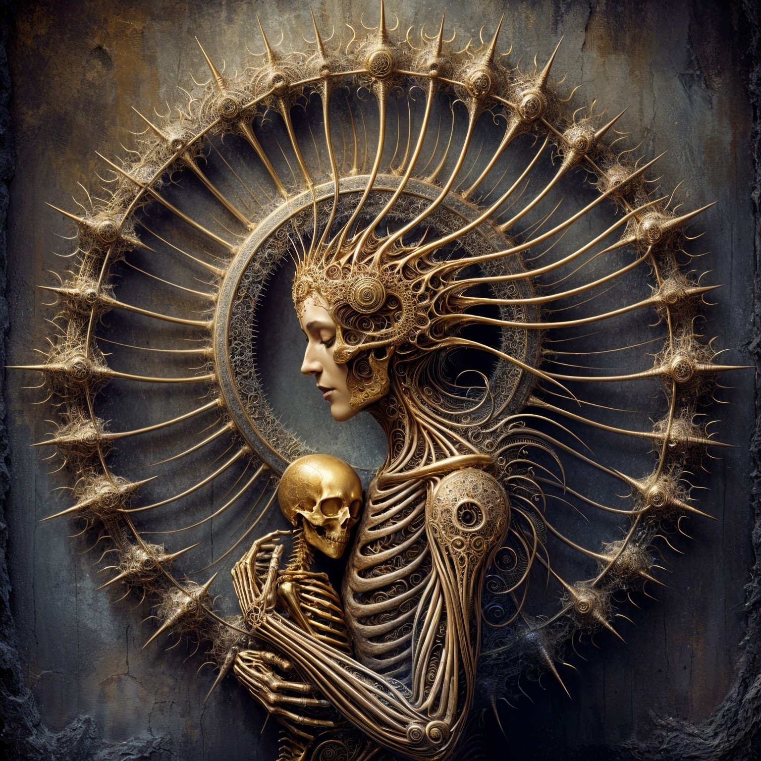 Intricate Figure with Skull and Golden Halo Design