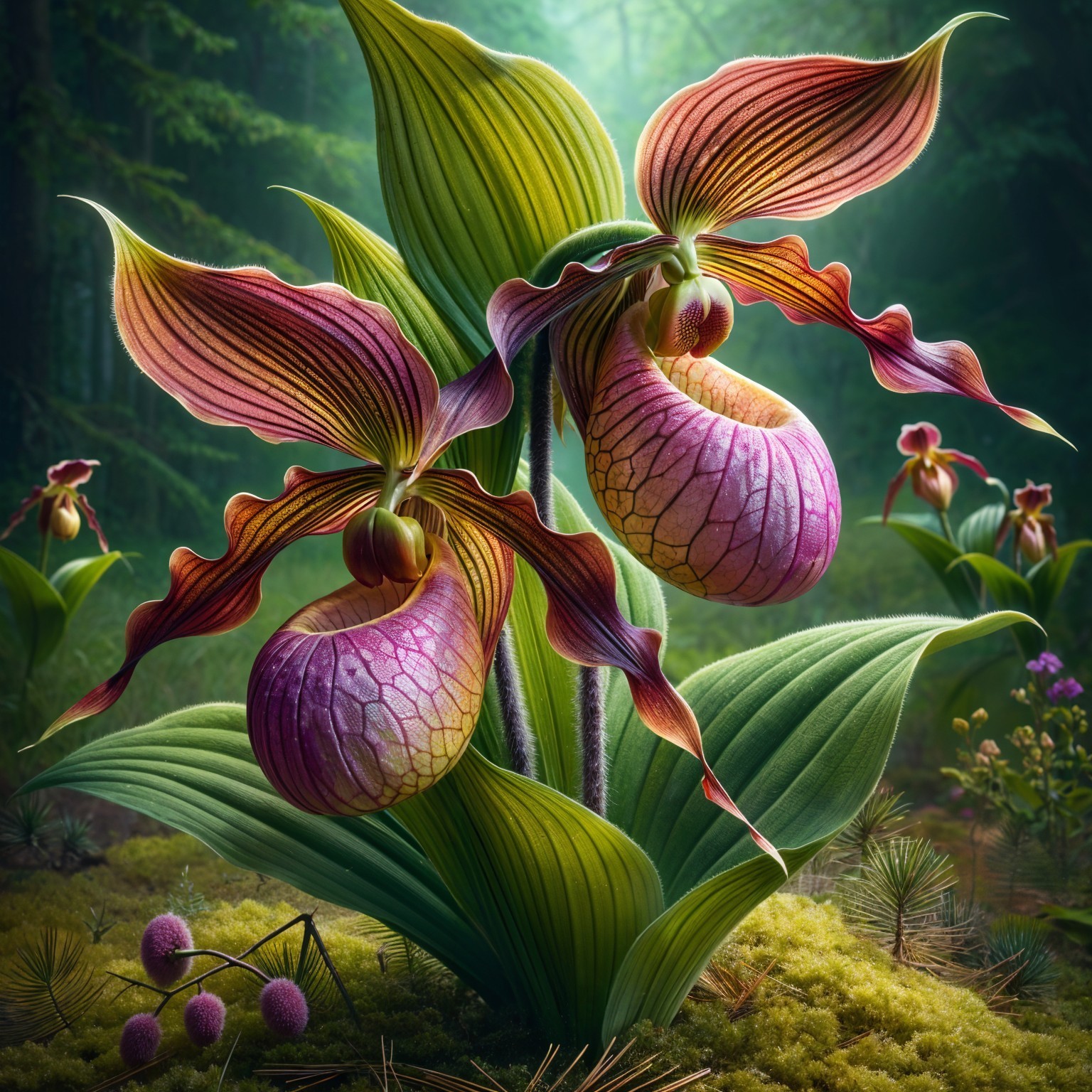 Orchids with Pink and Purple Petals in a Forest Setting