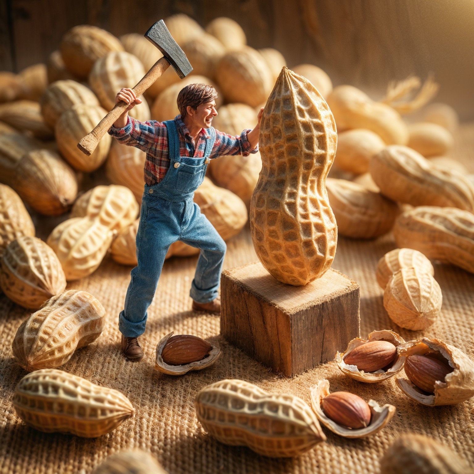 Miniature Farmer with Axe and Stylized Peanut Scene