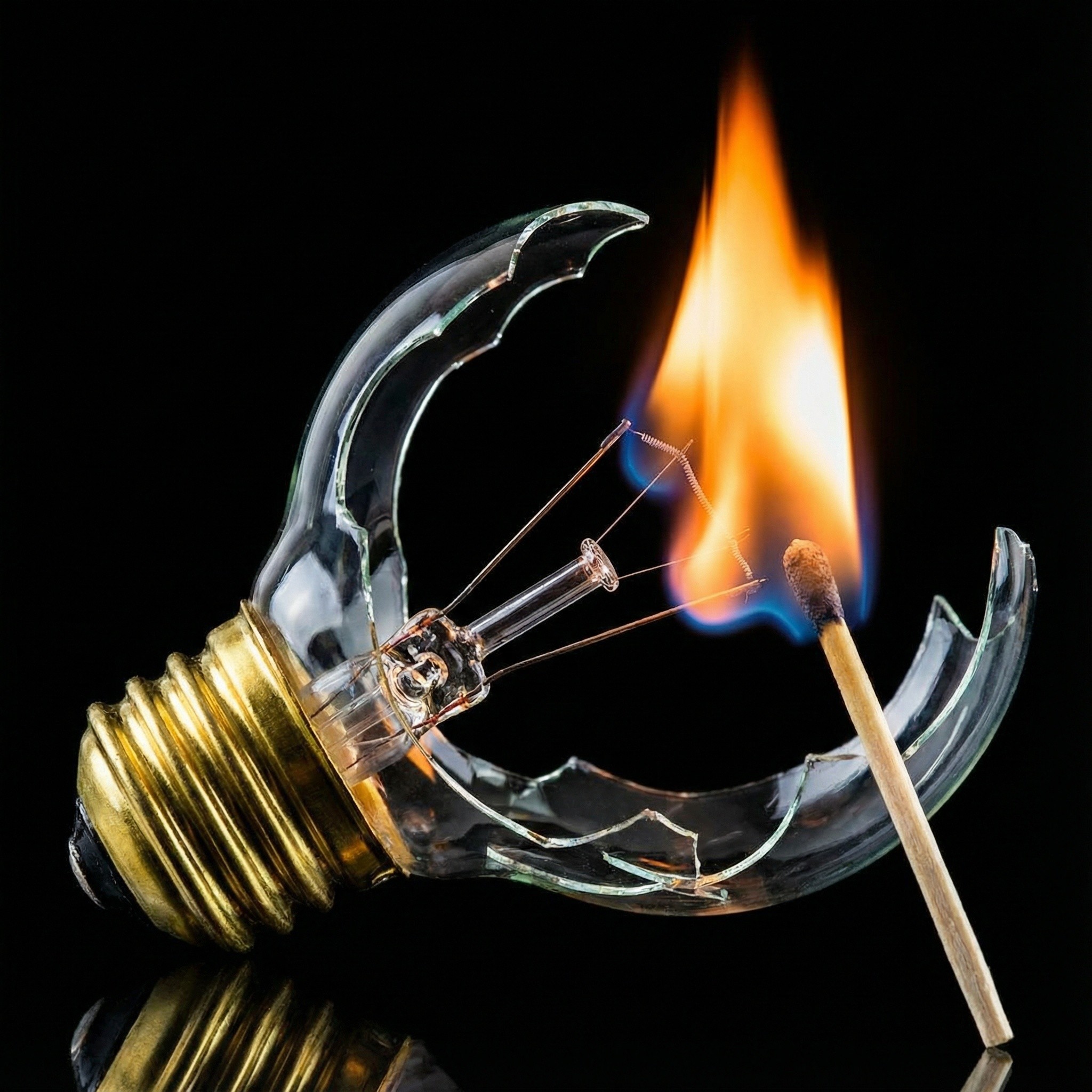 Shattered Light Bulb Still Life with Burning Match