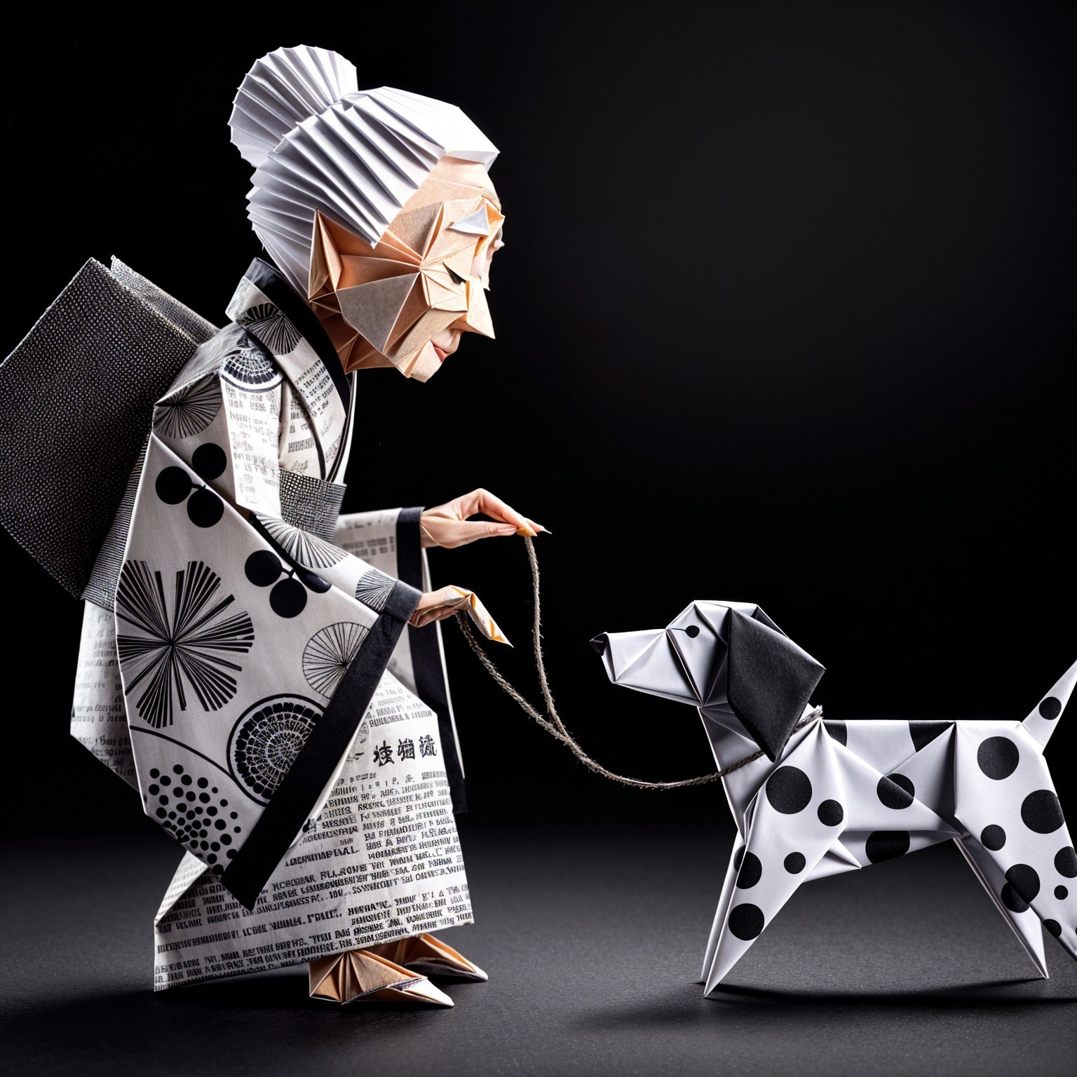Intricate Origami Art of Woman and Dog in Kimono