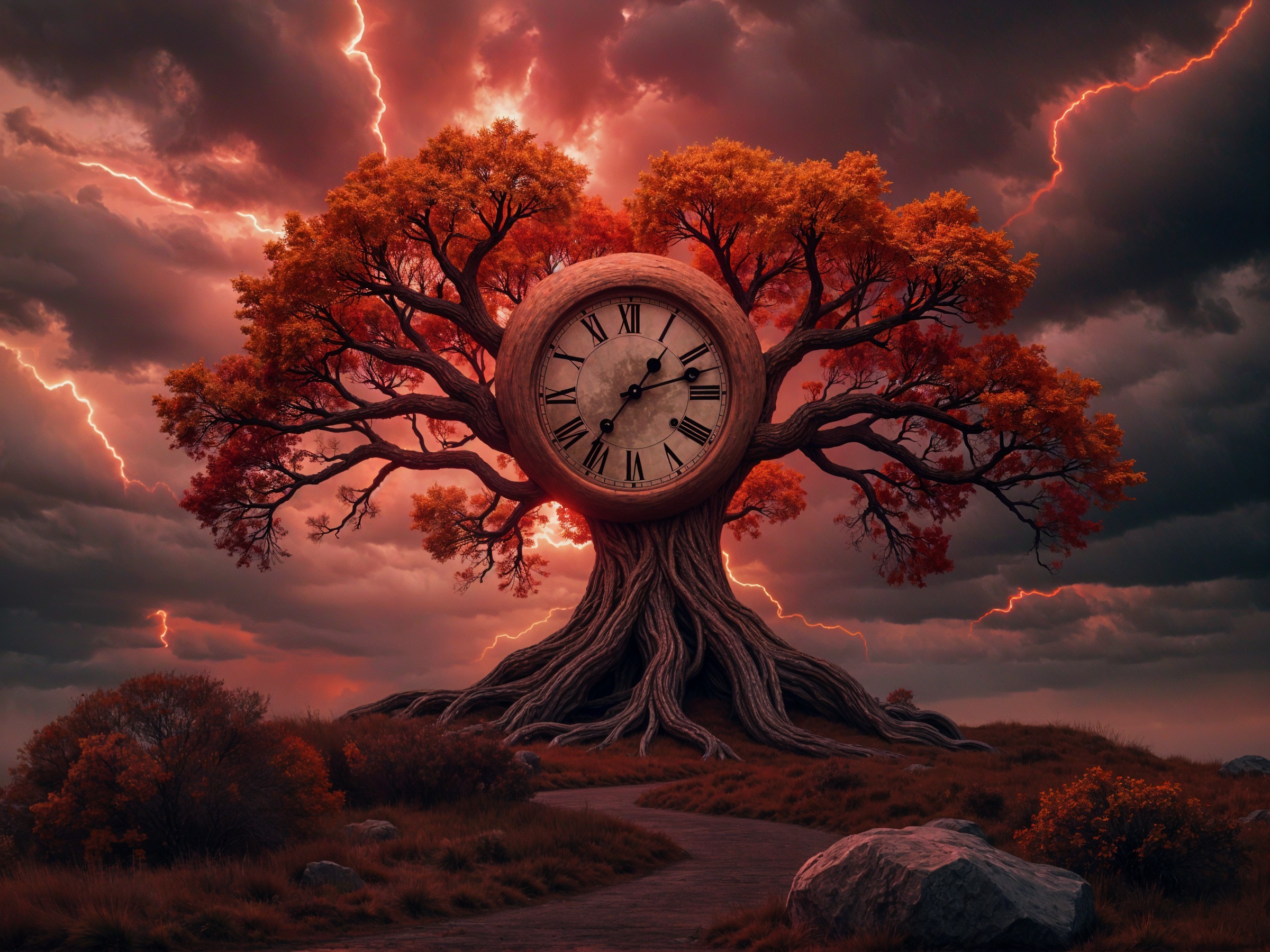 Autumn Tree with Clock Face Against Stormy Sky