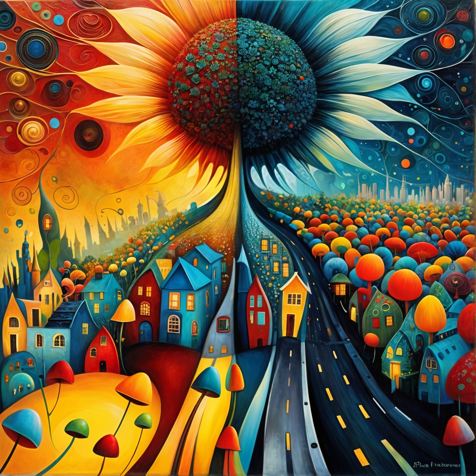 Surreal Landscape with Sunflower and Blue Flower