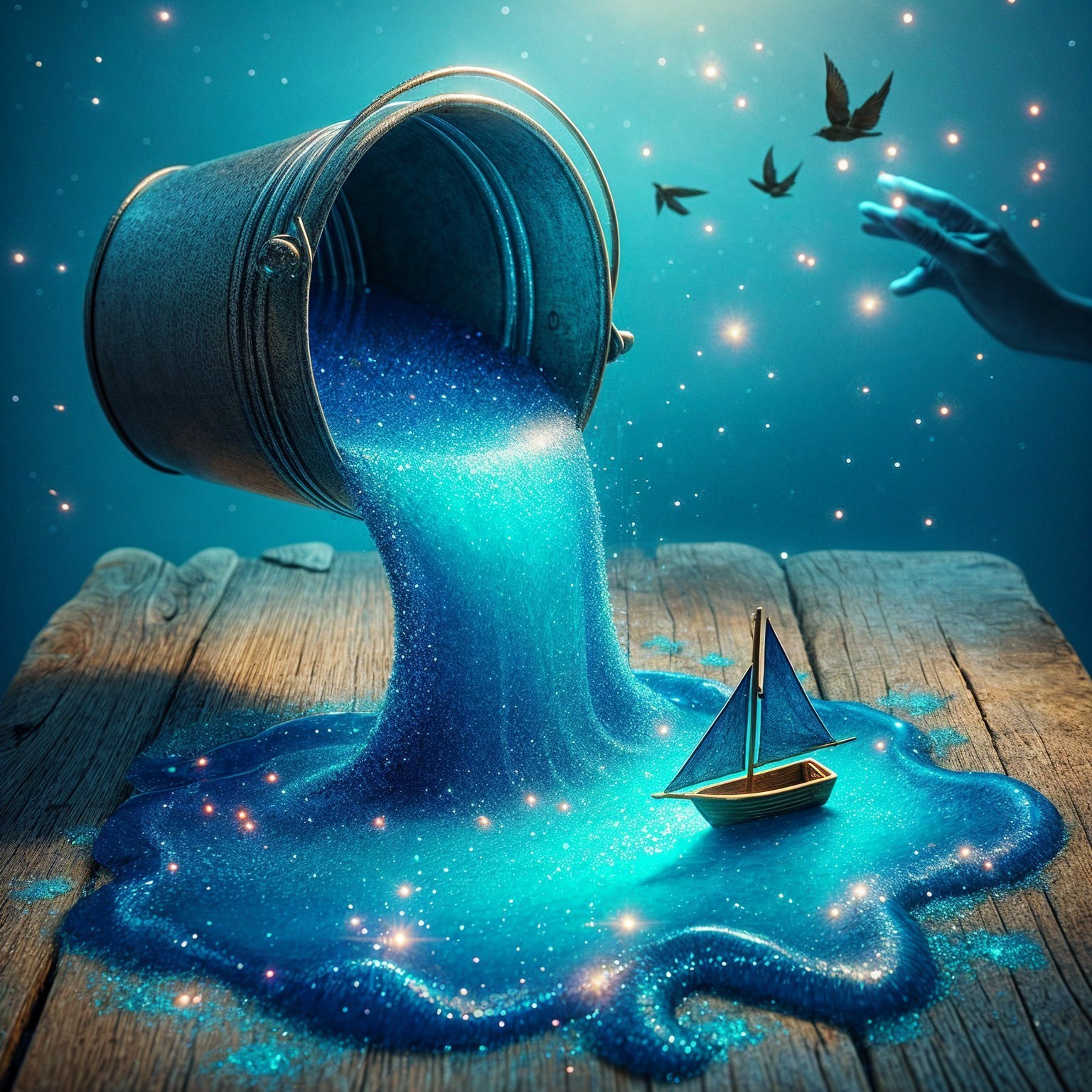 Shimmering Glitter and Model Sailboat on Wood Surface