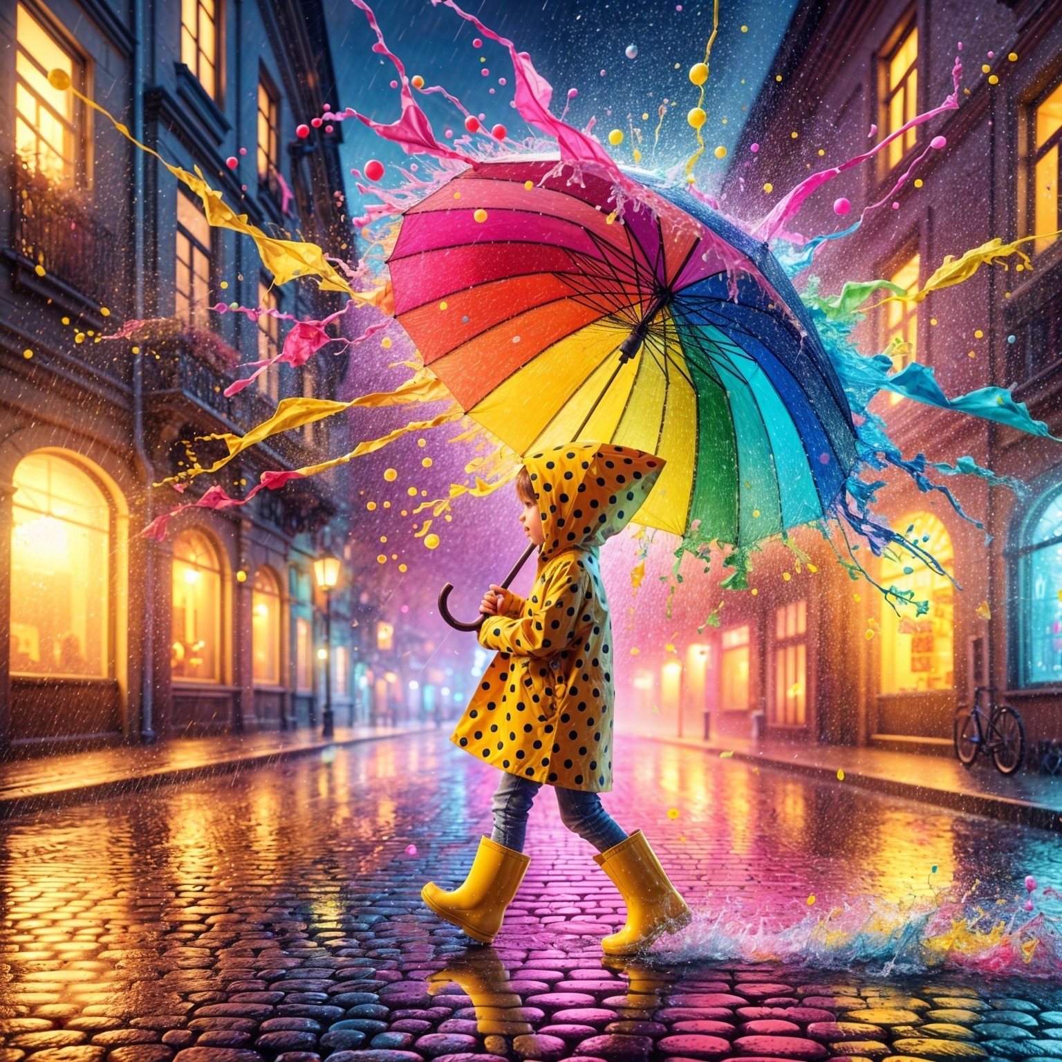 Child in yellow raincoat with rainbow umbrella on street
