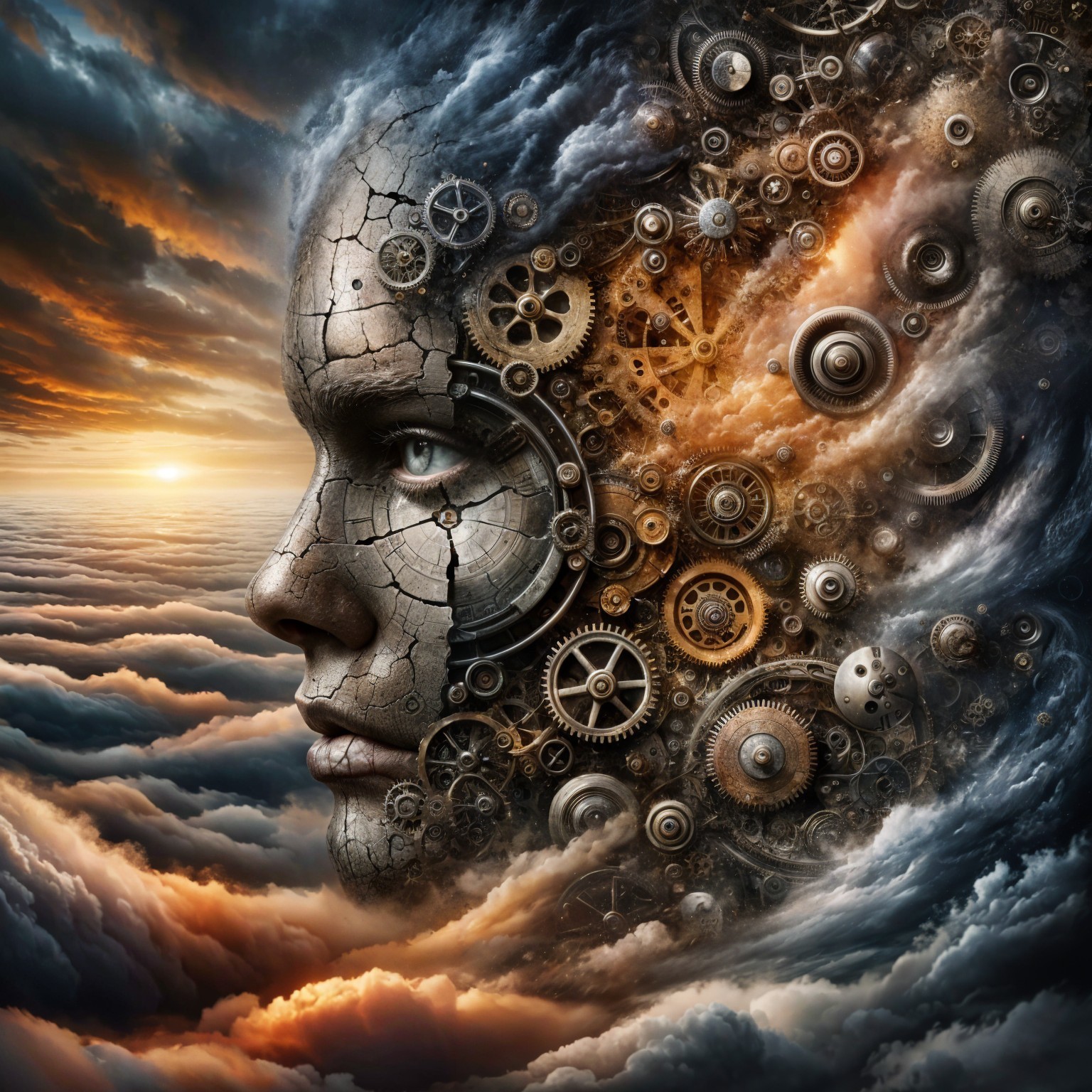 Surreal Human Face with Mechanical Elements in Clouds