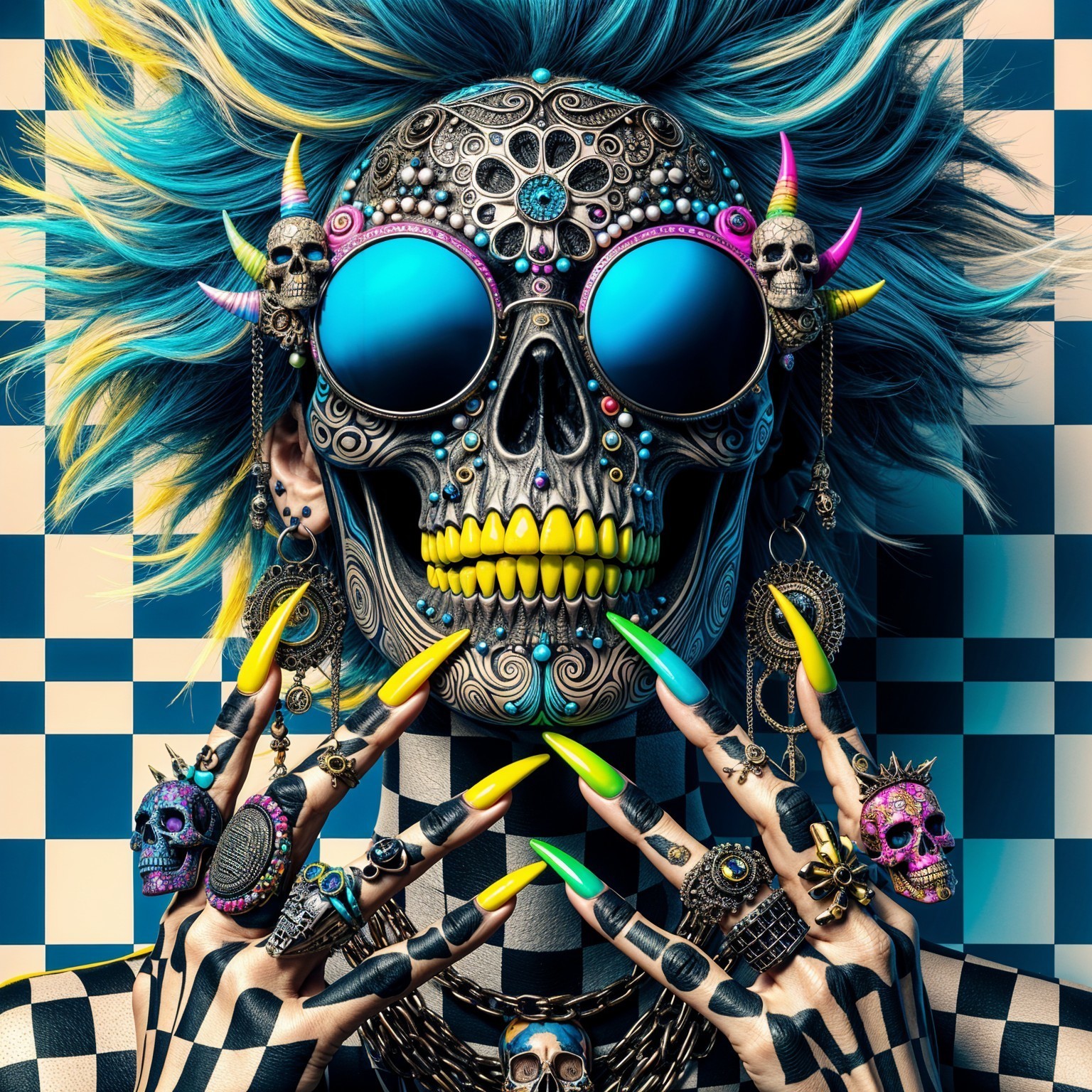 Skull-faced figure with vibrant colors and patterns