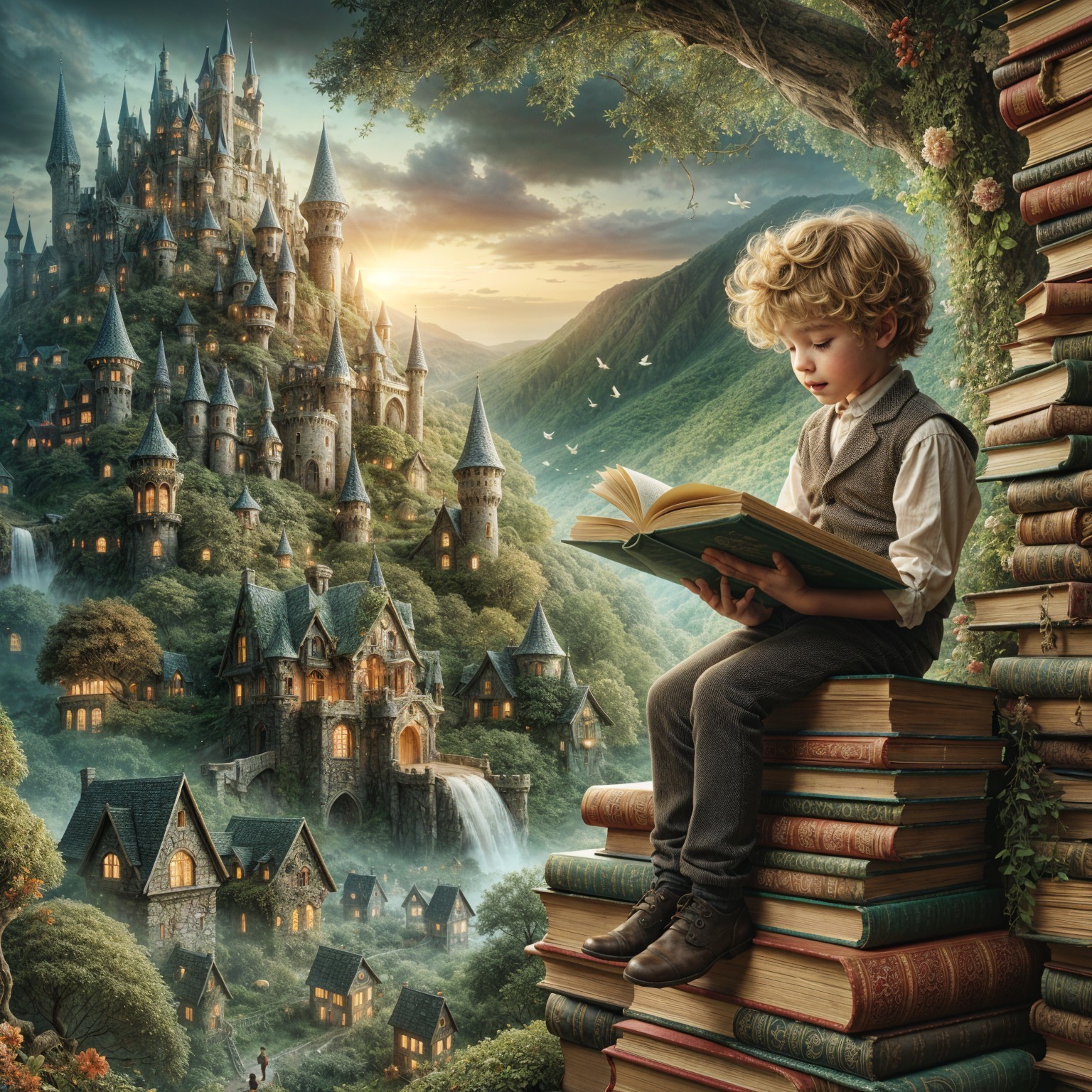 Young Boy Reading Among Colorful Books and Castle