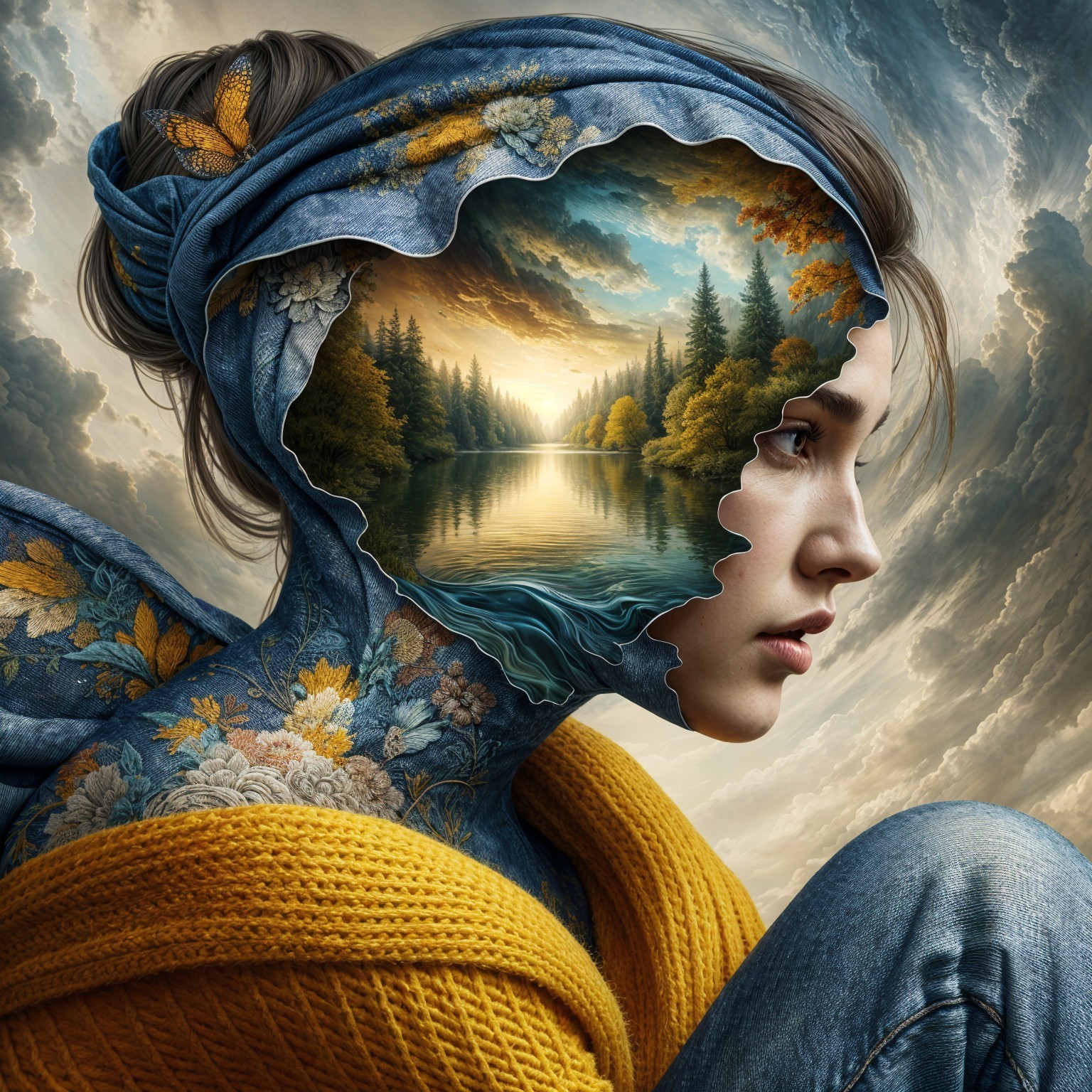 Woman with Landscape Features and Serene Expression
