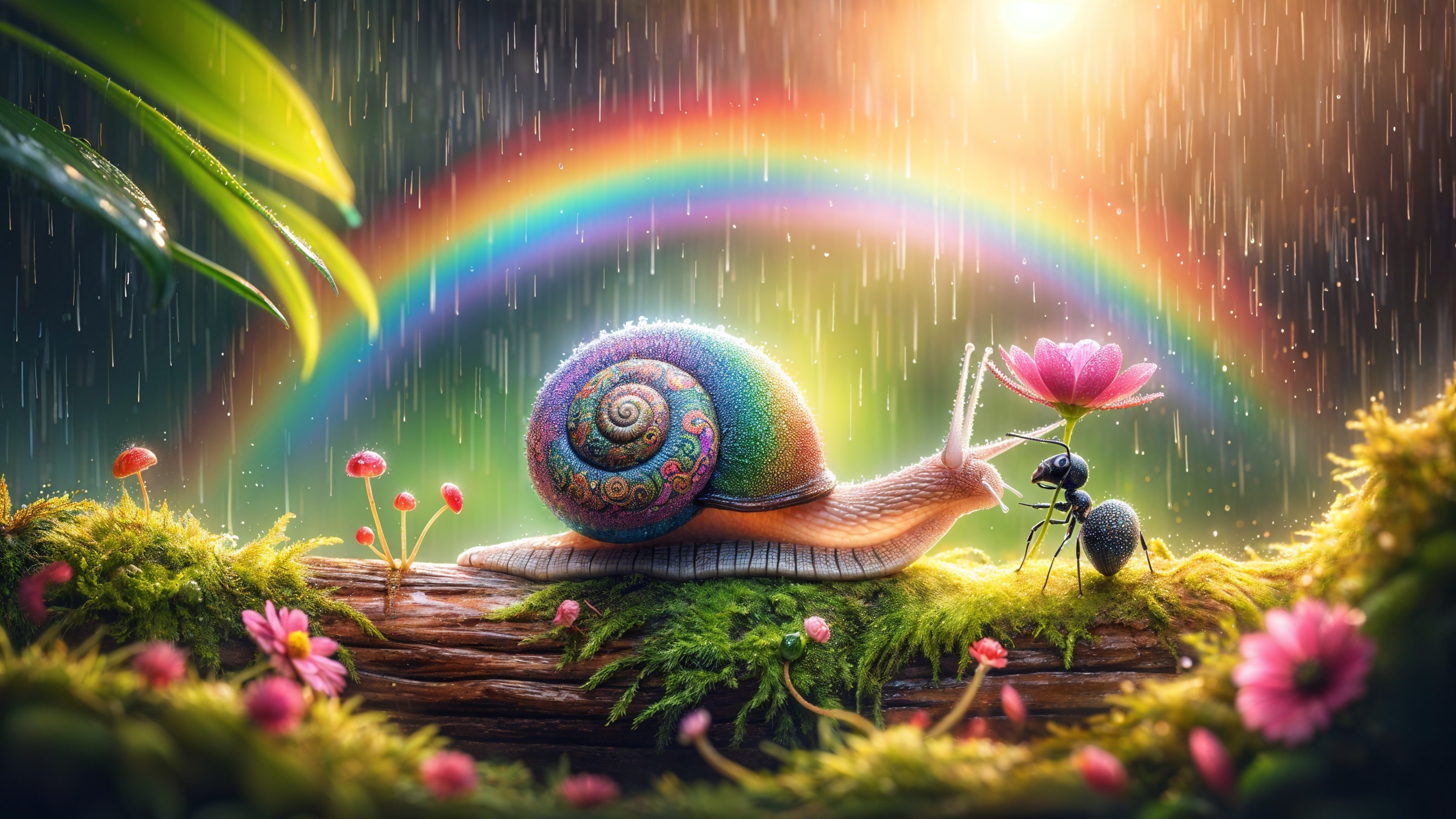 Colorful Snail and Ant in Enchanted Forest Scene