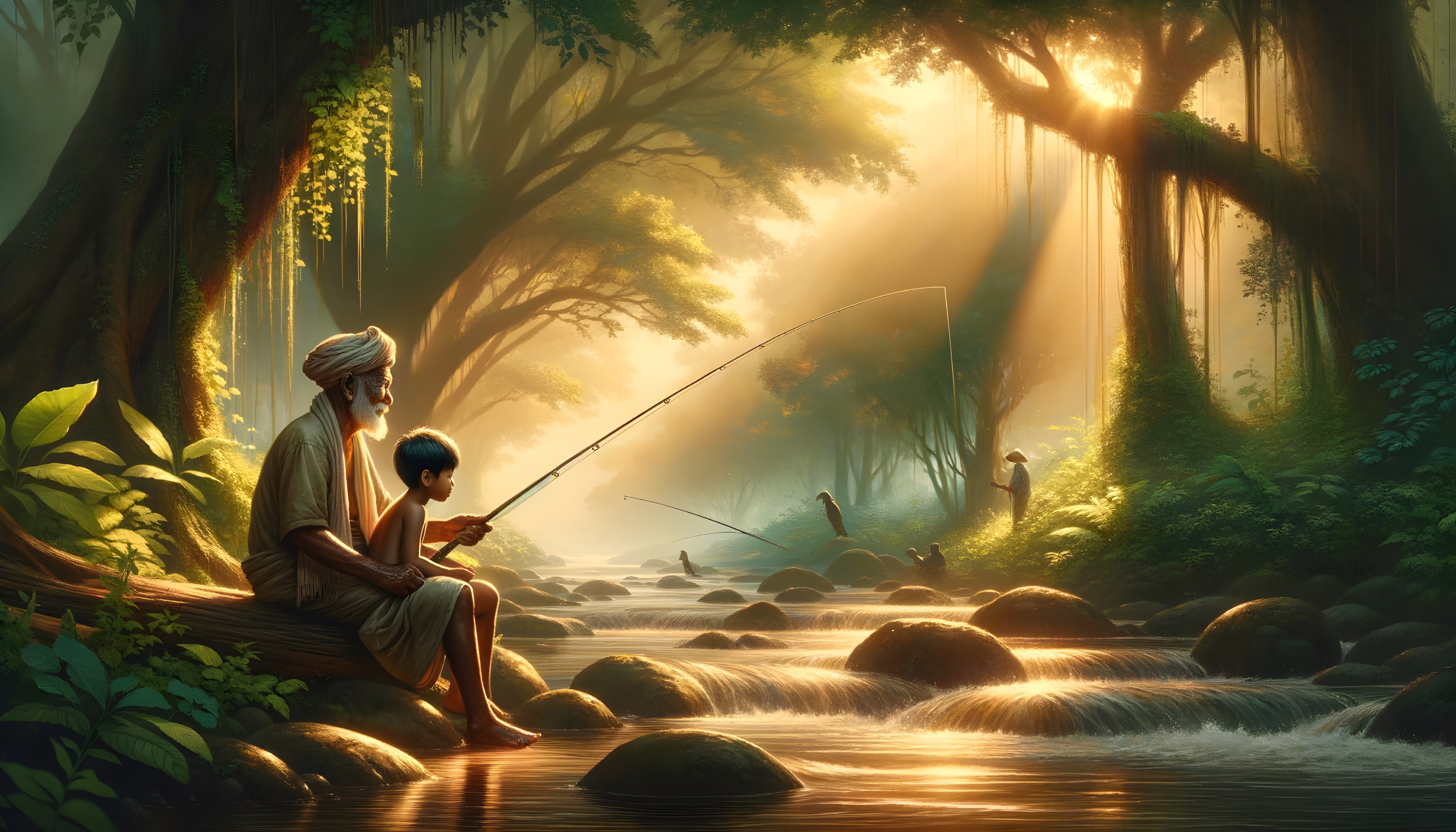 Elderly Man and Boy Fishing in a Serene Forest Stream