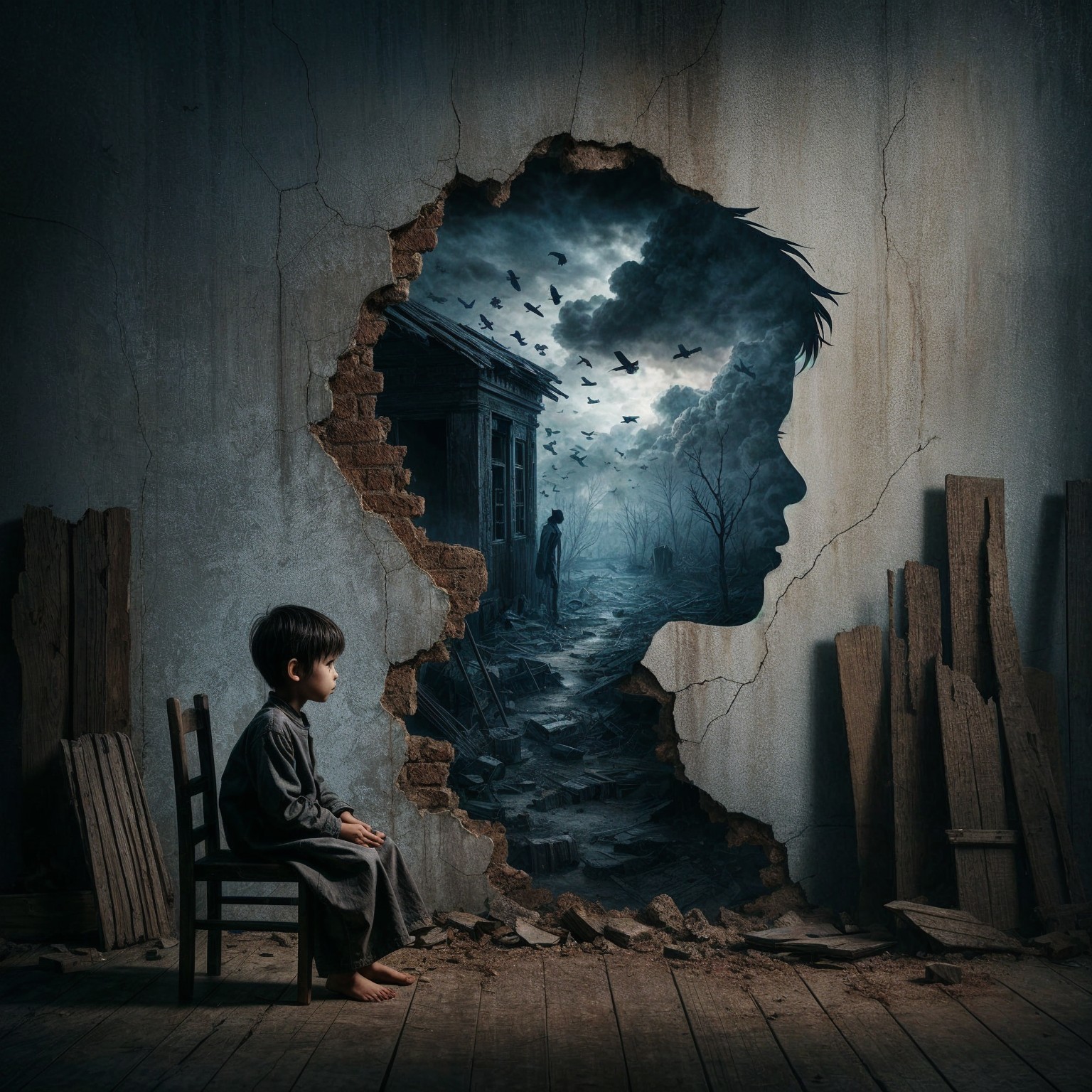 Boy in a dim room gazing through a jagged wall hole