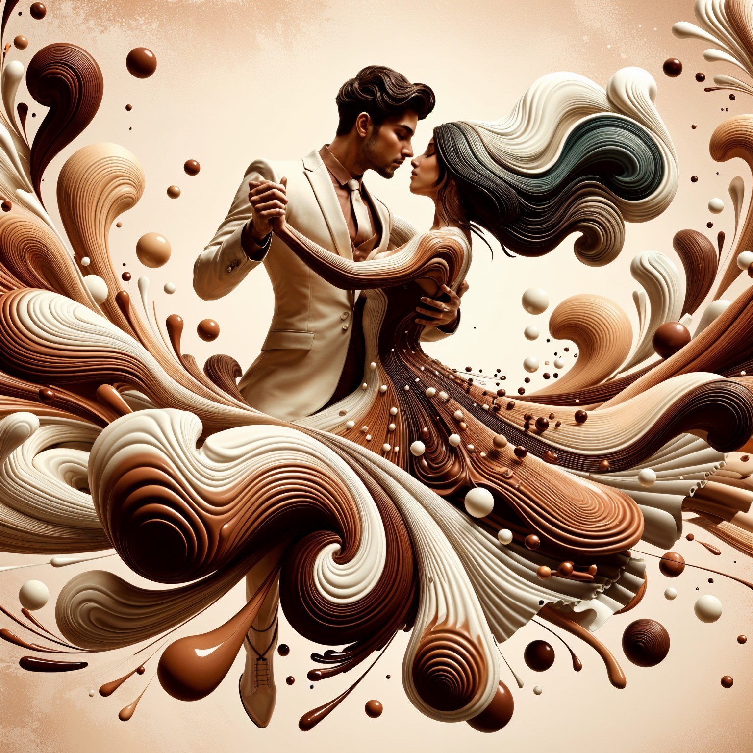 Whimsical Dance of a Couple in Abstract Ribbons