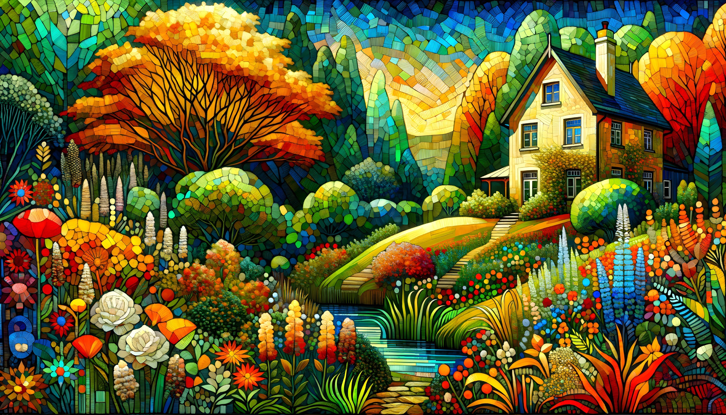 Vibrant Landscape with Charming House and Gardens