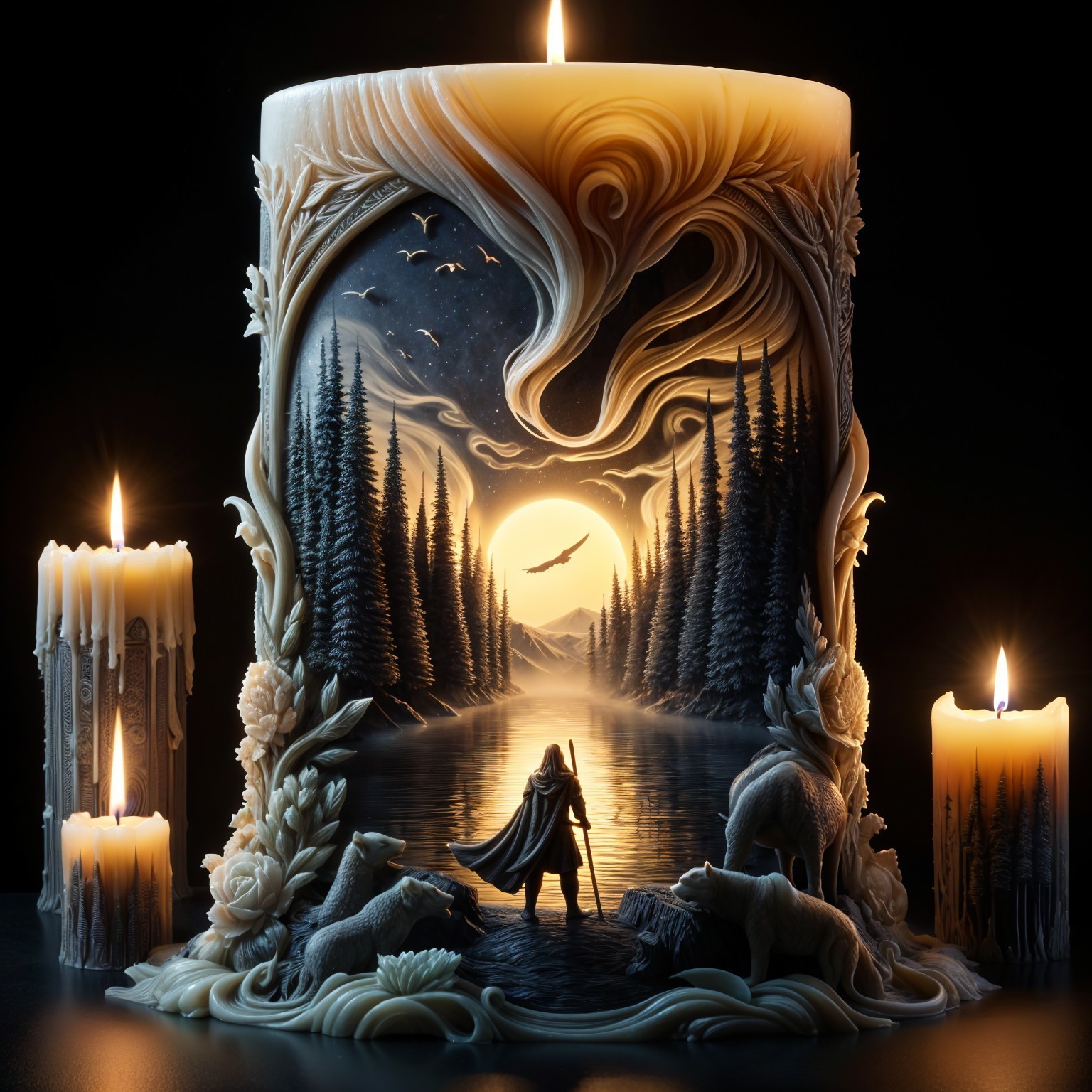 Intricately Carved Candle with Serene Landscape Design