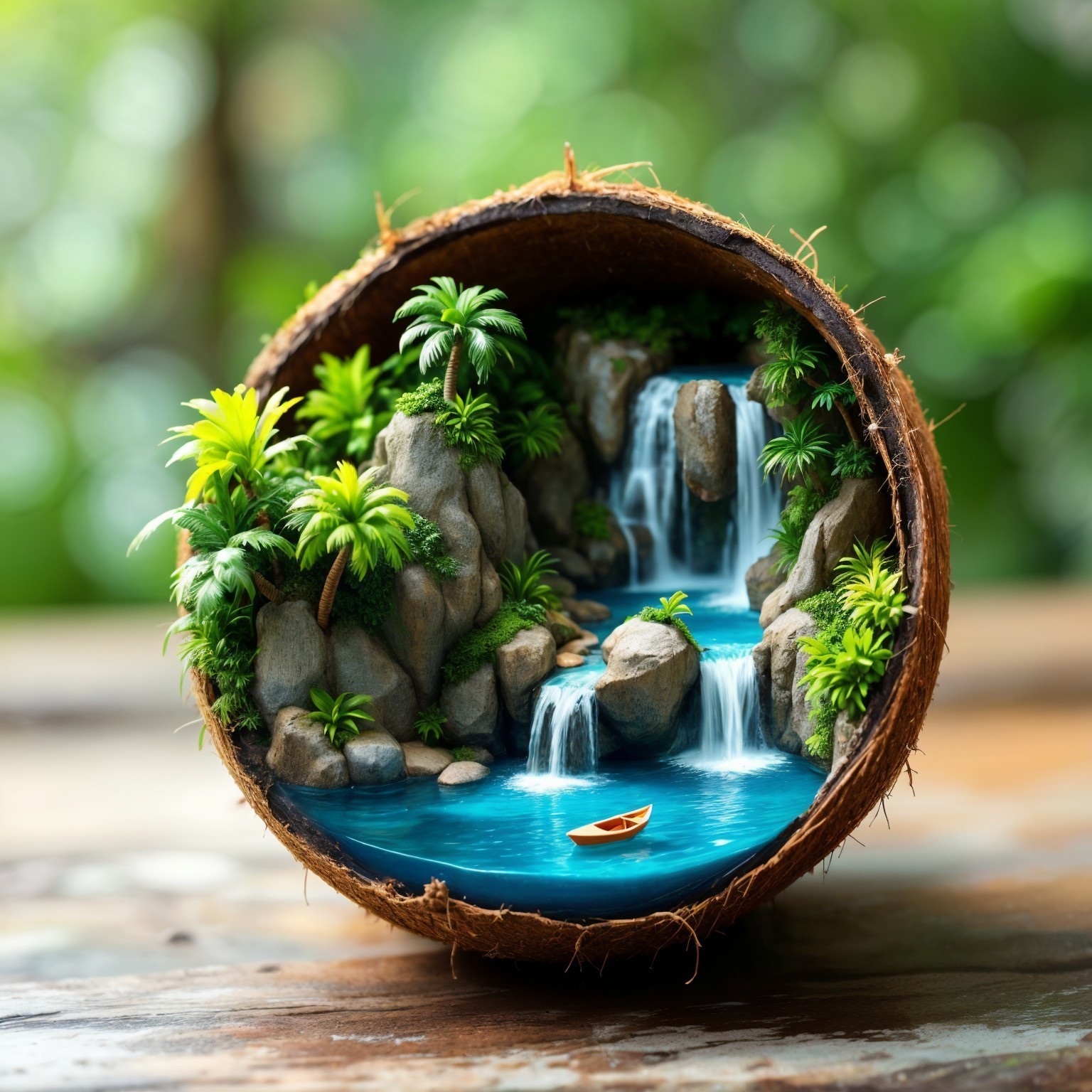 Miniature Coconut Shell Scene with Waterfall and Boat