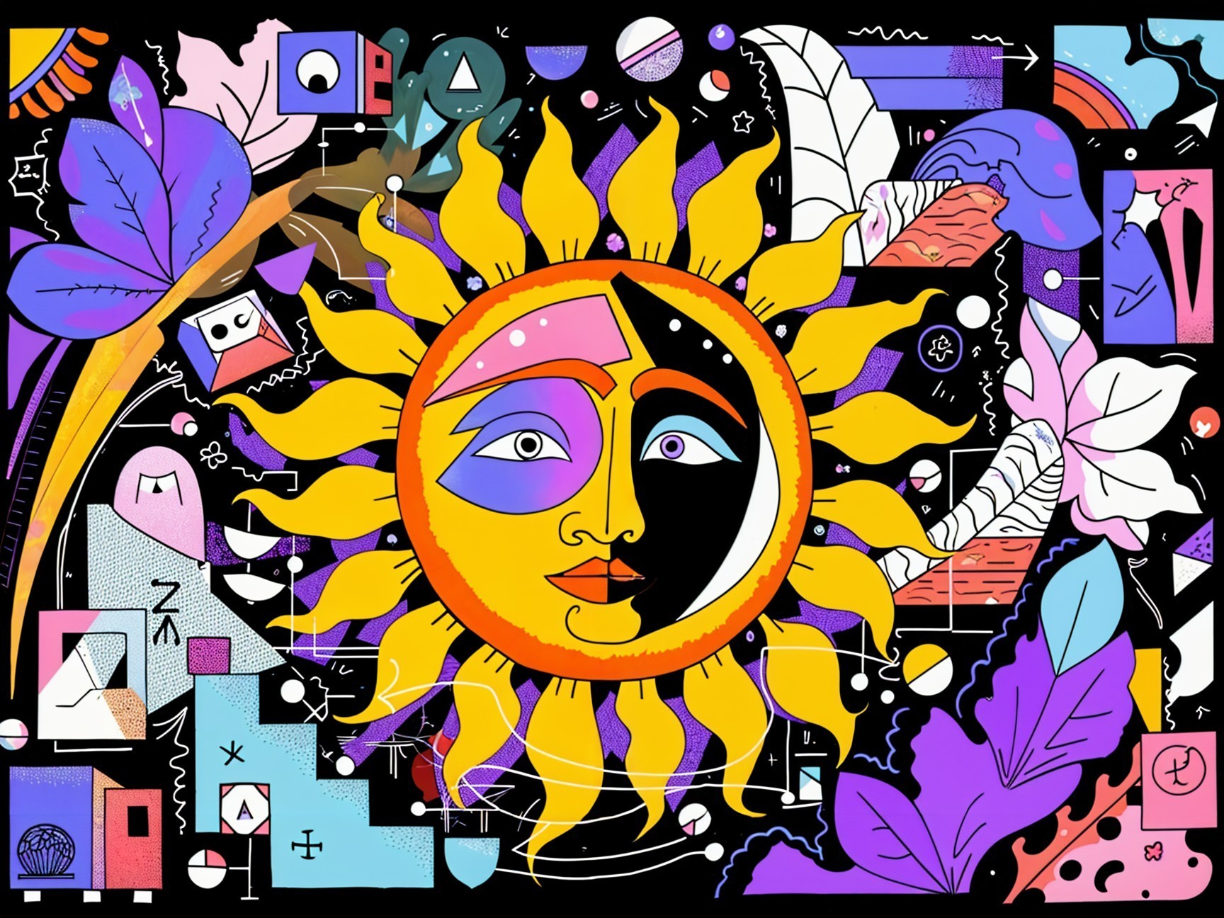 Vibrant Abstract Design with Stylized Sun and Shapes