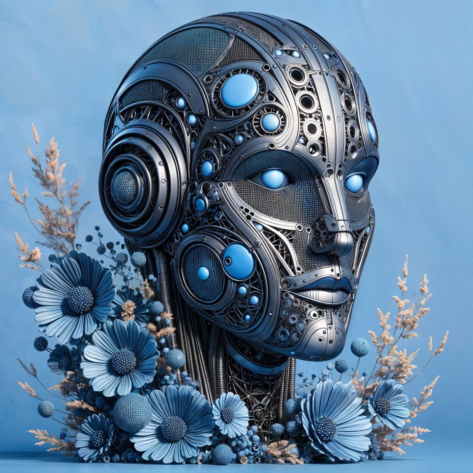 Futuristic robot head with floral accents and details