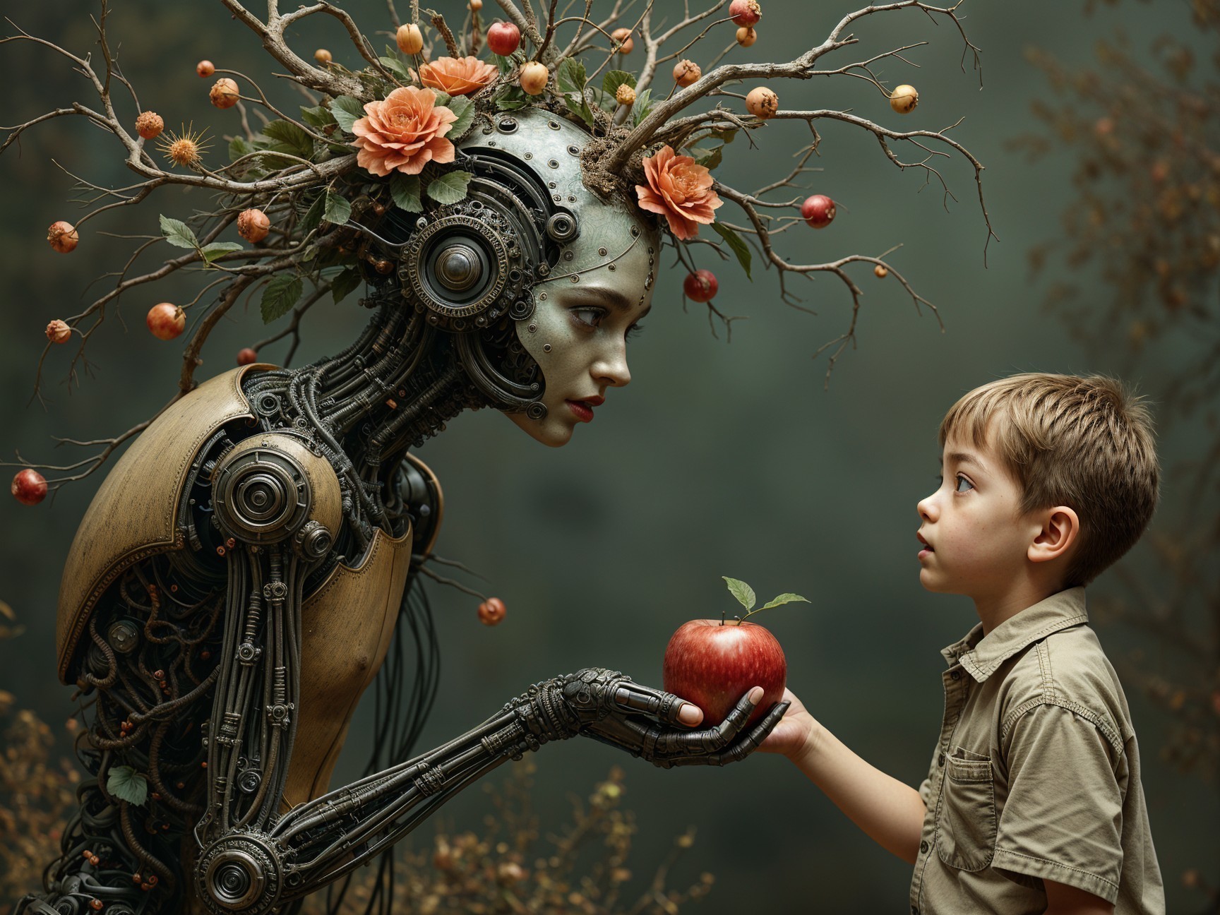 Humanoid Robot with Apple and Young Boy in Surreal Scene
