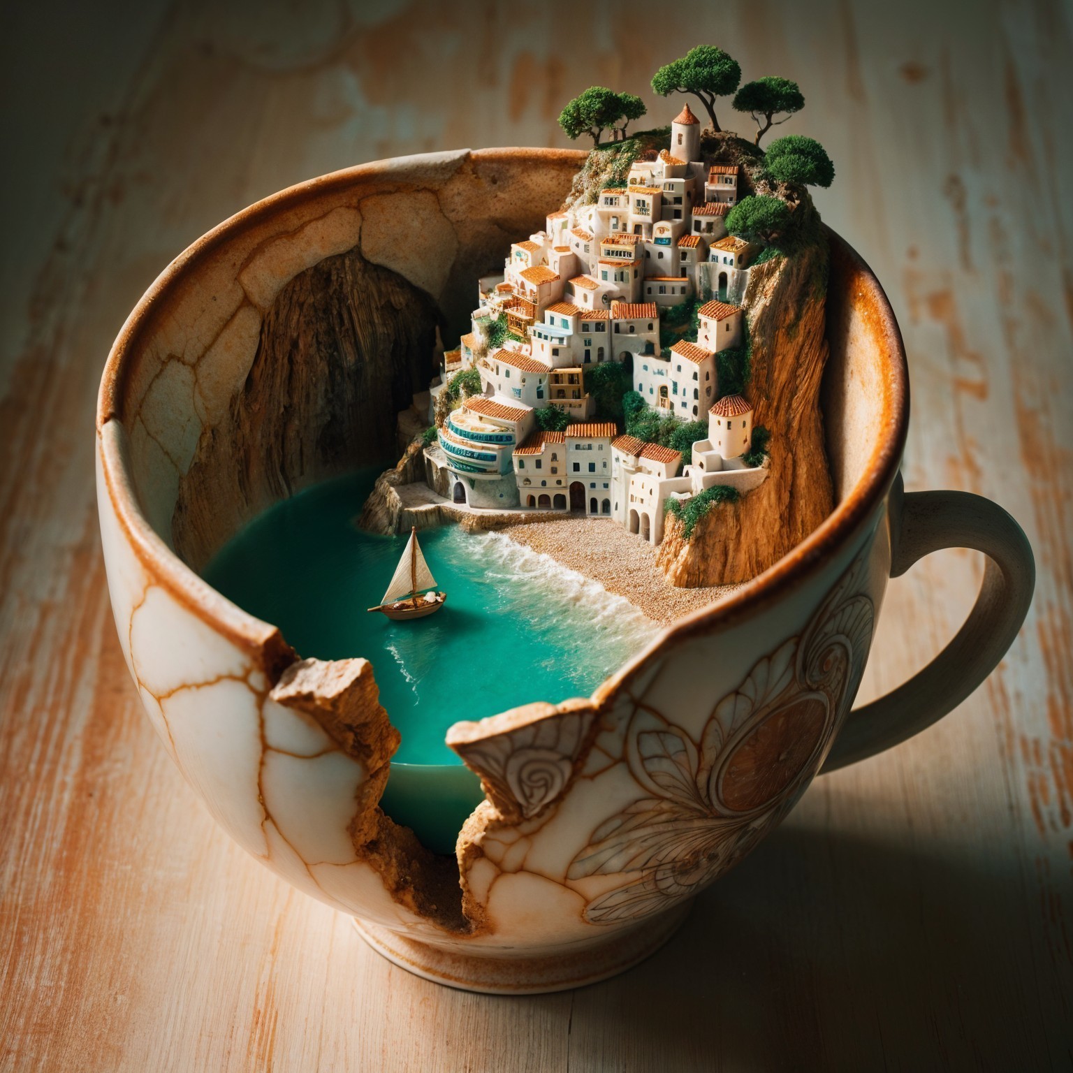 Porcelain Cup with Coastal Village and Artistic Crack